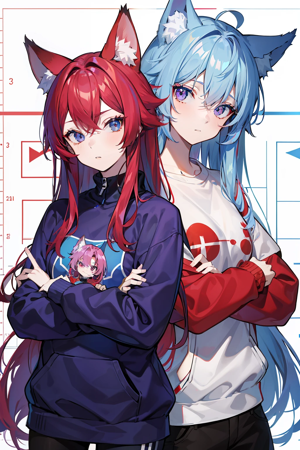 Kizi,Rosy red purple hair,blueneyes,fox ear,modern attire,full bodyesbian,Blue sweatshirt,long whitr hair,Qi bangs,Set the chart,Handsome