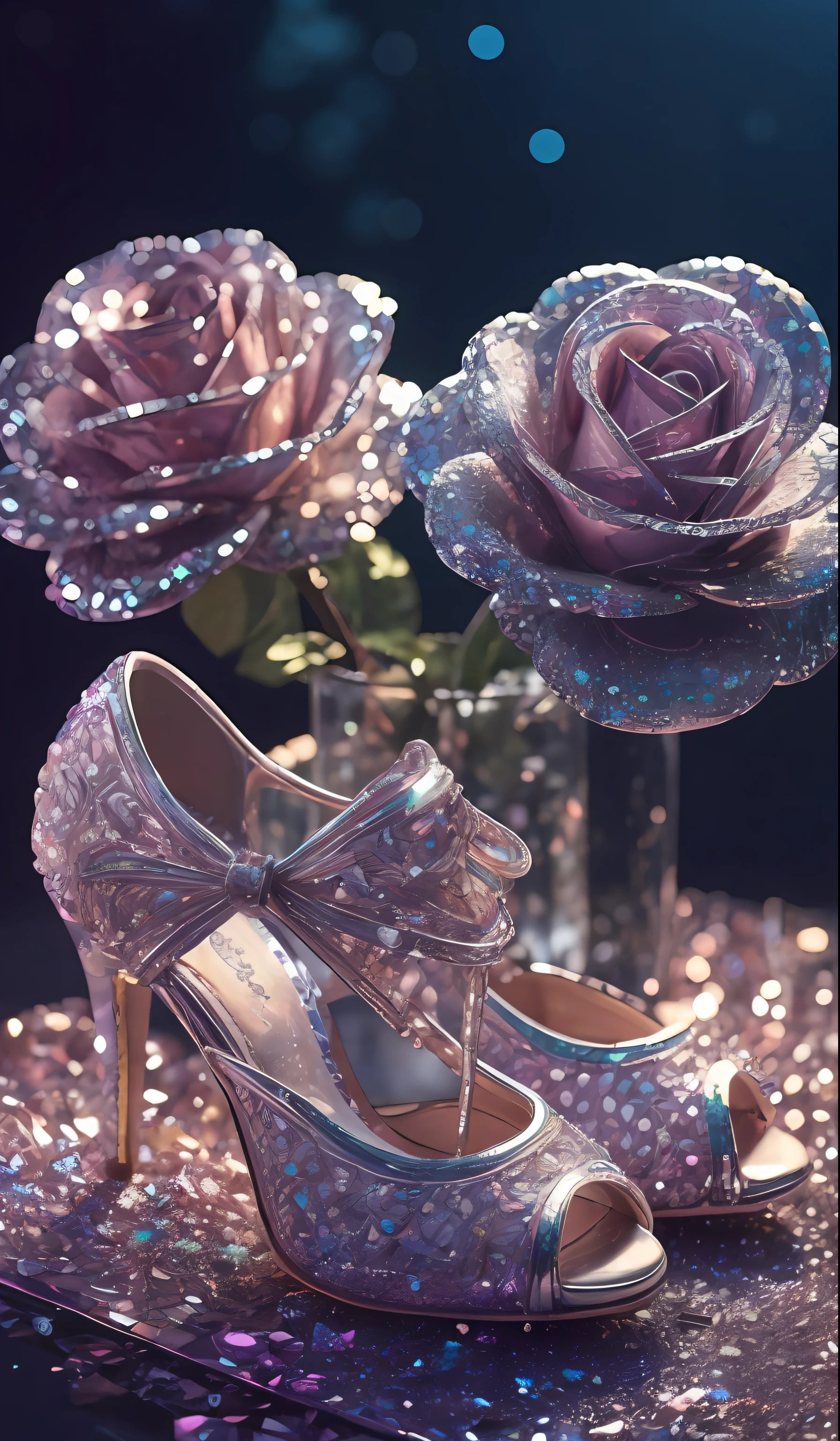 Crystal shoes and crystal roses， fanciful, galaxias, cleanness, glittery, glittery, Splendor, Colorful, Amazing photography, dramatic  lighting, photo-realism, ultra - detailed, 4K, depth of fields, A high resolution