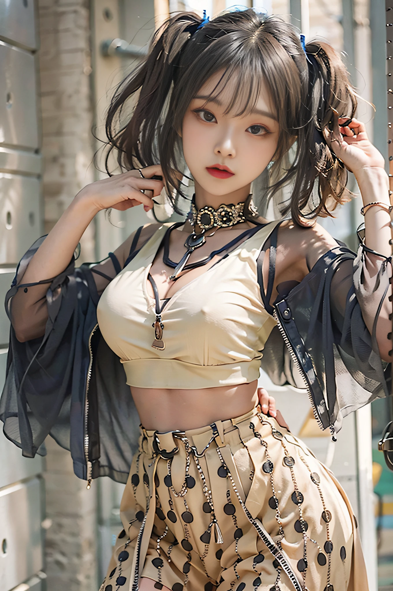 Top image quality、Raw photography、超A high resolution、Cute girl at 18 years old、Shooting for one person only、big round chest、cleavage of the breast、Patterned tank top、Skirt、Shiny hair、Beautiful Eyes of Details、very elongated eyes、Beautiful eyelashes、Beautiful double eyelids、Beautiful legs、eyeshadows、耳Nipple Ring、Standing bossily with hands on hips、Gestures to seduce a man