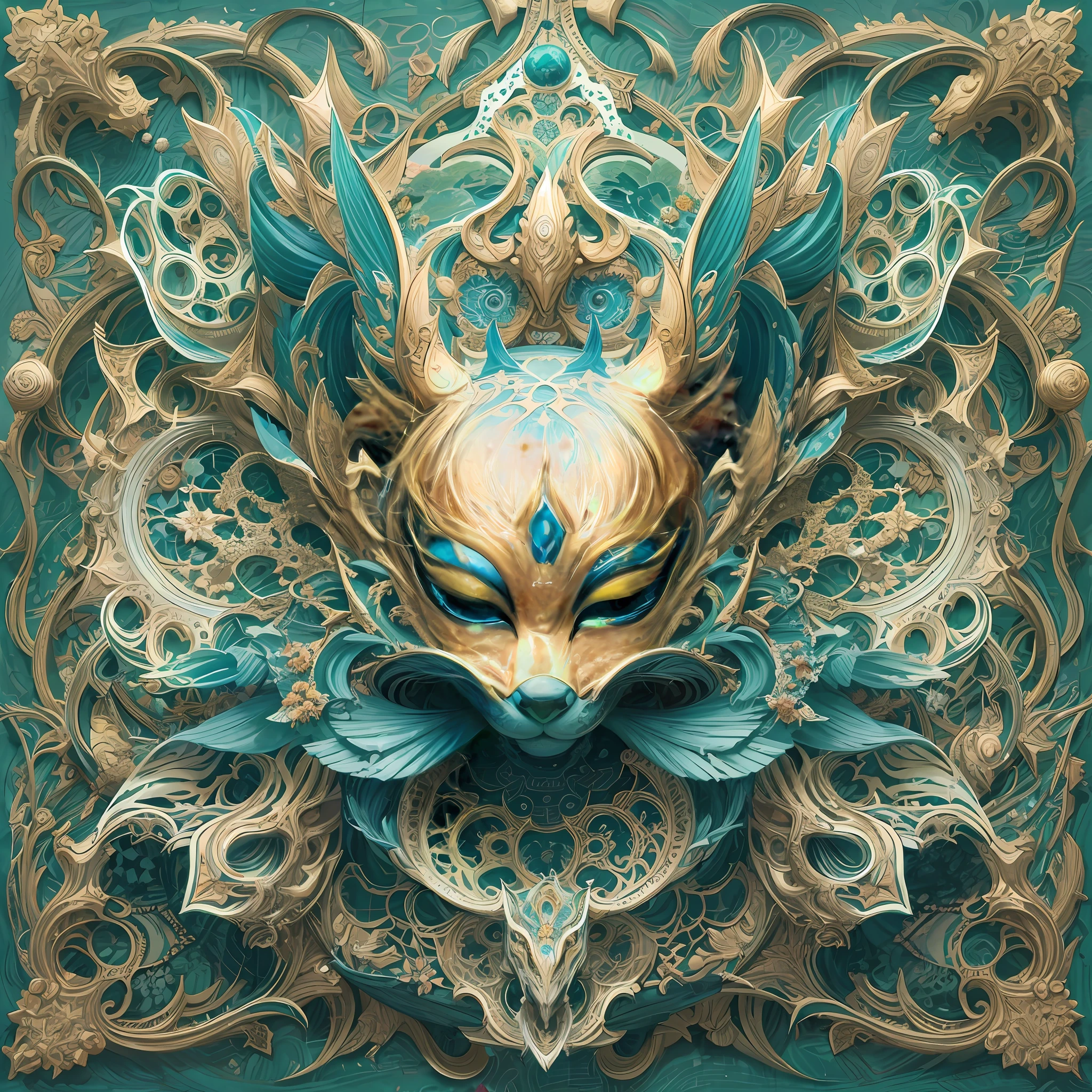 Imagine tranquil scenes inspired by Buddhist philosophy，A vibrant lotus flower stands against a background of intense turquoise tones。The lotus flower symbolizes purity and enlightenment，Intricate petals bloom，emanating a sense of serenity。When you gaze deeper into the image，You will notice an arrangement similar to a mandala，The constellations are elegantly arranged。A fusion of Buddhist symbolism with astrological elements，a harmonious integration，Invites contemplation and a sense of eternal connection。(The sculpture is surrealist and realist: 1.5), (golden colored，Blue and white porcelain mask)， (Metal wings: 1.2), (Fox futuristic mask: 1.2), (Internet pop kawaii fractal art: 1.6), (The art style of Tobias Gramller，Gently slide the shape of the feeling: 1.6), (Organic geometric mixture: 1.6),Ultra-high resolution: 1.4),(particle fx: 1.4), (Depth of field: 1.4), (geometric-dotist abstraction: 1.6), (generative fluid fractal algorithm: 1.6).