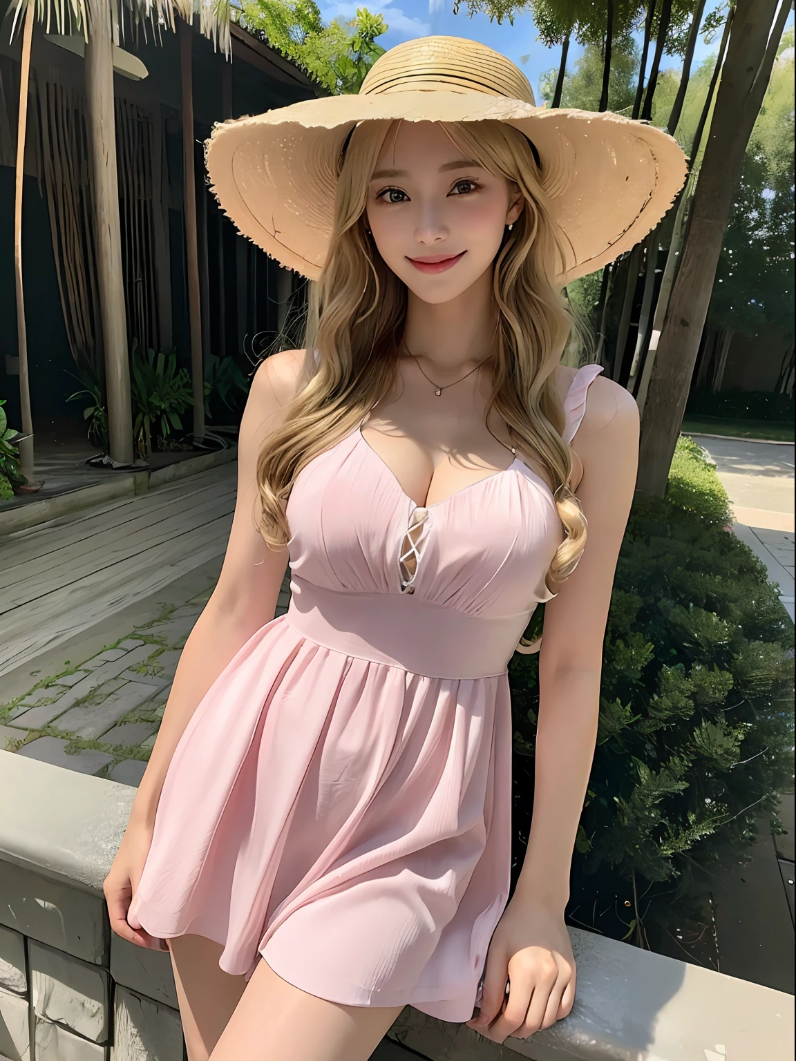 top-quality、masterpiece、超A high resolution、(Photorealsitic:1.4)、Raw foto、1 girl in、a blond、full body Esbian、二重まぶた、Loose and fluffy perm、semi long hair、student clothes、erotick、Erotic look、A smile、a straw fedora hat、Summer dress