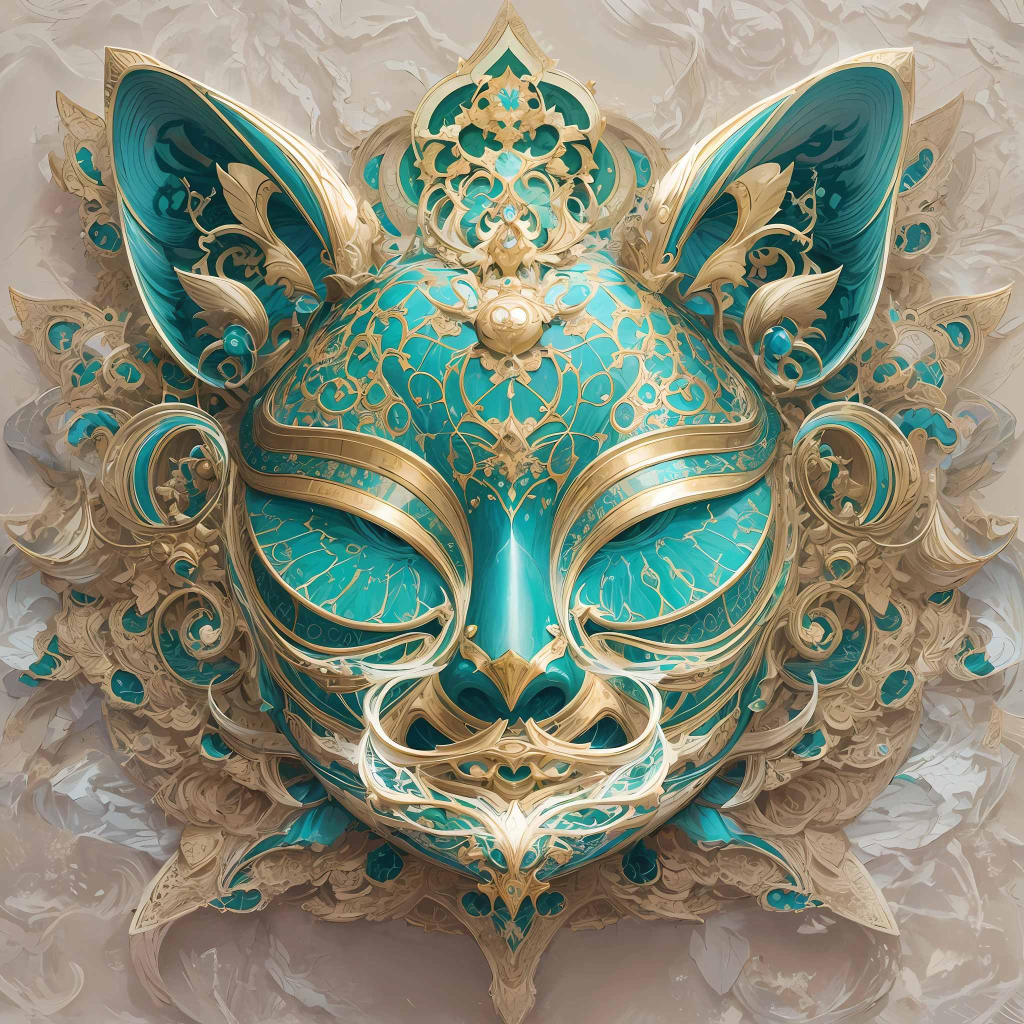 Imagine tranquil scenes inspired by Buddhist philosophy，A vibrant lotus flower stands against a background of intense turquoise tones。The lotus flower symbolizes purity and enlightenment，Intricate petals bloom，emanating a sense of serenity。When you gaze deeper into the image，You will notice an arrangement similar to a mandala，The constellations are elegantly arranged。A fusion of Buddhist symbolism with astrological elements，a harmonious integration，Invites contemplation and a sense of eternal connection。(The sculpture is surrealist and realist: 1.5), (golden colored，Blue and white porcelain mask)， (Metal wings: 1.2), (Fox futuristic mask: 1.2), (Internet pop kawaii fractal art: 1.6), (The art style of Tobias Gramller，Gently slide the shape of the feeling: 1.6), (Organic geometric mixture: 1.6),Ultra-high resolution: 1.4),(particle fx: 1.4), (Depth of field: 1.4), (geometric-dotist abstraction: 1.6), (generative fluid fractal algorithm: 1.6).