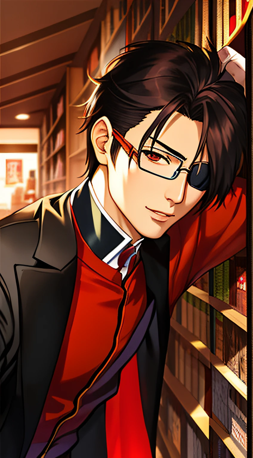 There was a man with glasses leaning against a bookshelf, handsome guy in demon killer art, Range Murata and Artgerm, anime realism style, Anime portrait of a handsome man, Realistic art style, he wears an eyepatch, Masayoshi Suto and artgerm, Handsome anime pose, Anime handsome man, made with anime painter studio