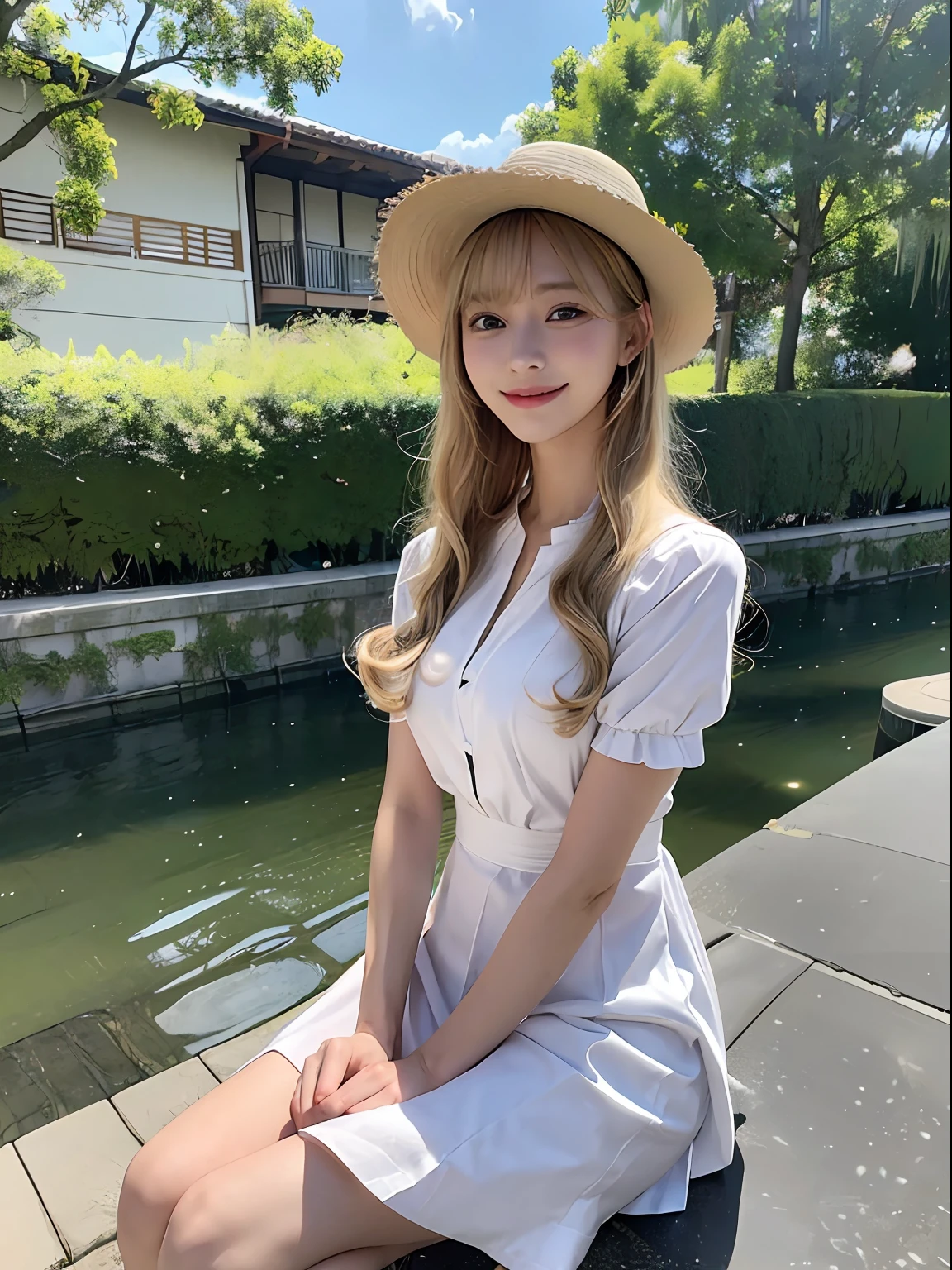top-quality、masterpiece、超A high resolution、(Photorealsitic:1.4)、Raw foto、1 girl in、a blond、full body Esbian、二重まぶた、Loose and fluffy perm、semi long hair、student clothes、erotick、Erotic look、A smile、a straw fedora hat、Summer dress