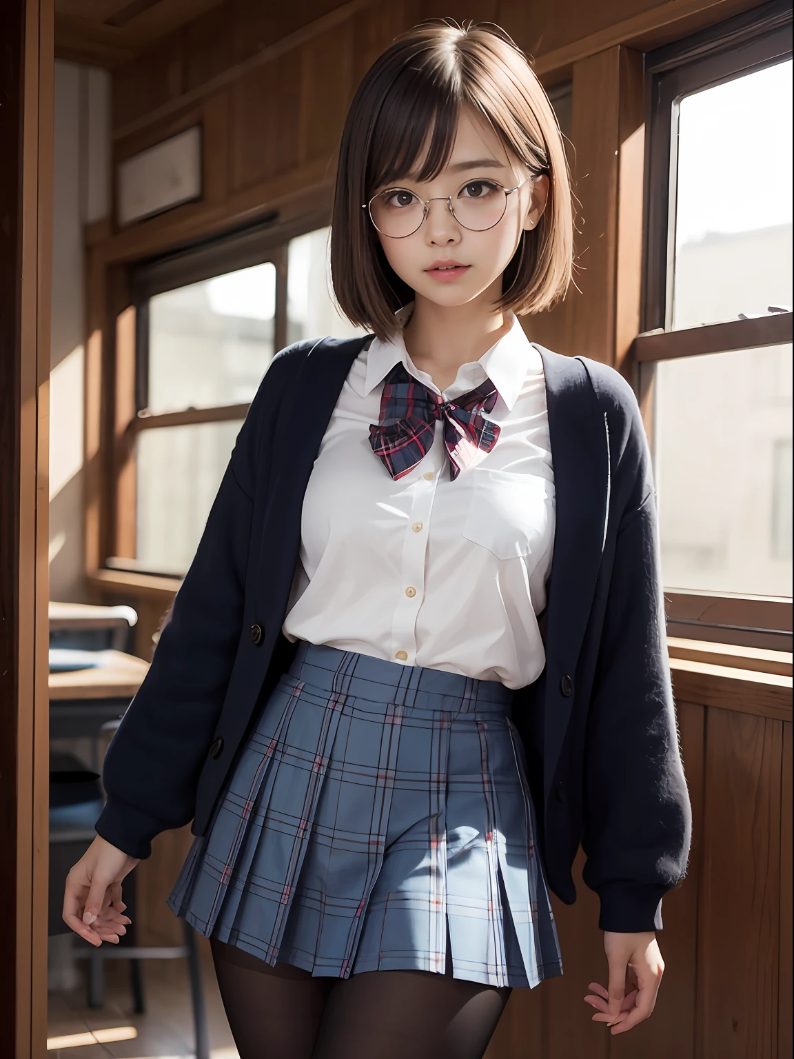 （8K、Raw photography、top-quality、​masterpiece：1.2),de pele branca,kne,(Black pantyhose),absurderes,a small face,small tits,flat breast,Parting the bangs from the middle、Forehead visible,(Tight eyes,glares,Bullish,skinny,Rasping,irate)、​masterpiece,top-quality、超A high resolution,Raw photo,ren,Beautiful fece,One Person, 独奏,eye glass,,Dark look,Small breasts,fullllbody,Round glasses、cute little、JK school uniform,hi-school girl,A Japanese Lady,is standing,（Photorealsitic：1.37）、Photon mapping,Light blue ribbon,Realistic、Cute little face,Brown-eyed、Black socks、(Red bow tie)、Radio City、Physically Based Rendering、Foreground、depth of fields、Blurry background、a picture,The girls、Body,beauty legs, Long legs, Thin leg,Long bob cut,(Bangs are visible), hair, s lips, Blue_The eye, nosesoft,(Light blue shirt), (Navy and blue and white plaid pleated skirt), Knees are visible,Sheer clothing,, Thigh, Black cotton socks,Nogizaka Idol, 女優, Japanese ido