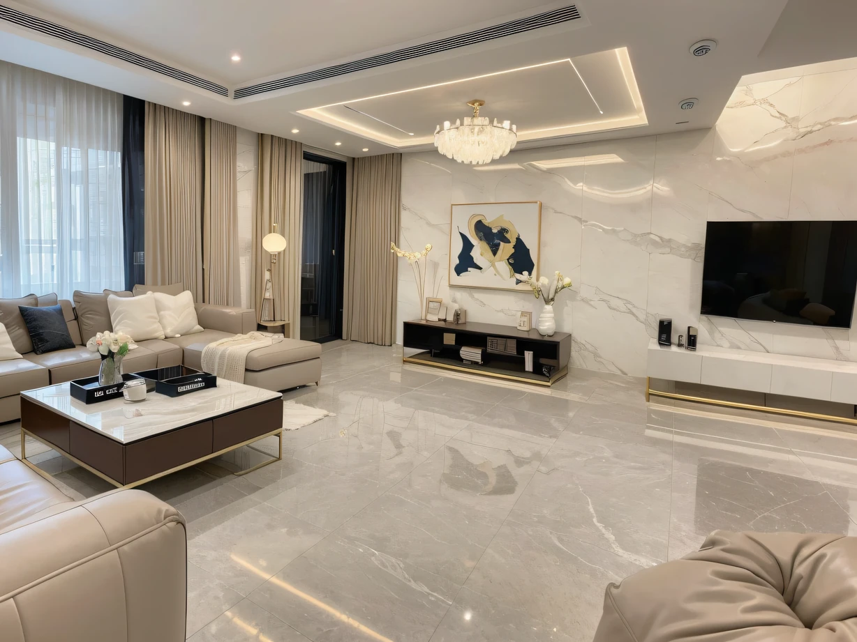 ，Masterpiece, Best quality，8K, 超高分辨率，Reallightandshadow，In this perfectly interpreted luxury living room，Every corner releases the ultimate aesthetic artistic atmosphere。On the wall hangs a huge abstract painting，Brilliant colors are like dancing notes，Lead people into a vast visual symphony。The marble floor echoes the mirrored glass coffee table，Exudes an air of cold luxury。The golden streamlined light is like a river of stars，Illuminate the entire living room，It makes you feel like you're in a fantastic starry sky。