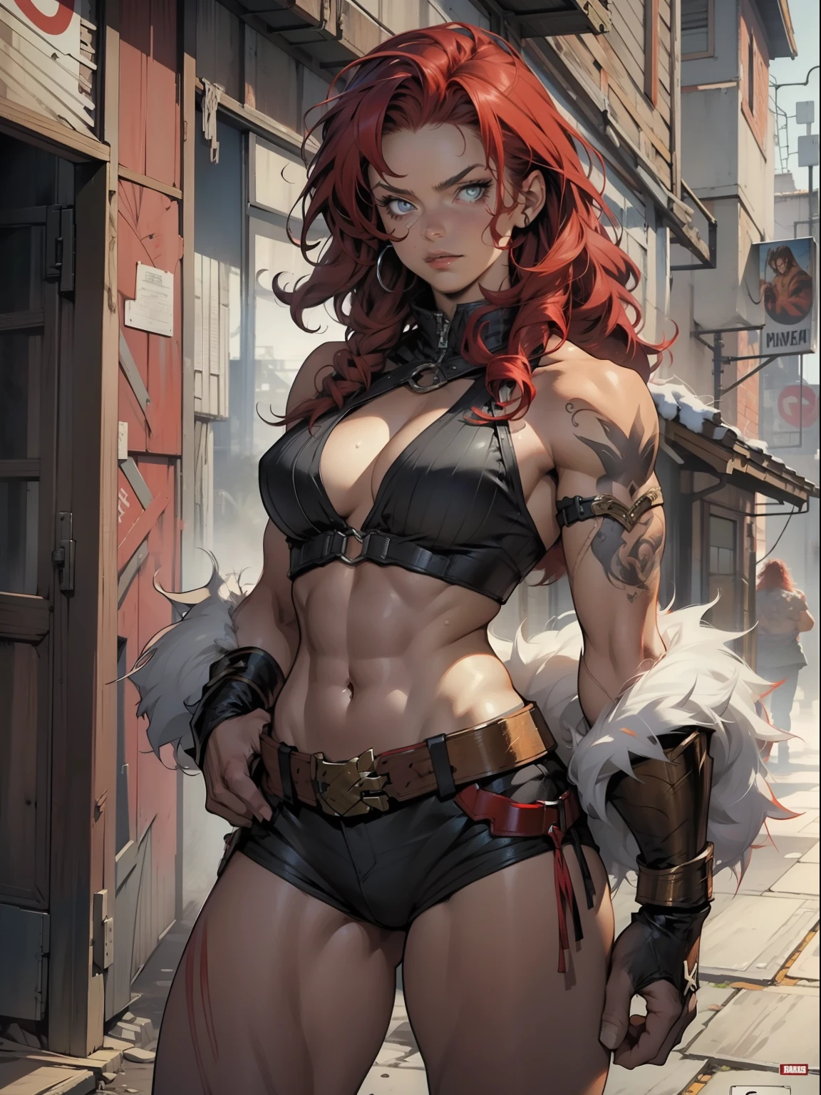 A Nordic woman, tatooa, red-haired, curly and voluminous, muscular, almost naked, Simon Bisley-style, for the cover of Heavy Metal magazine;