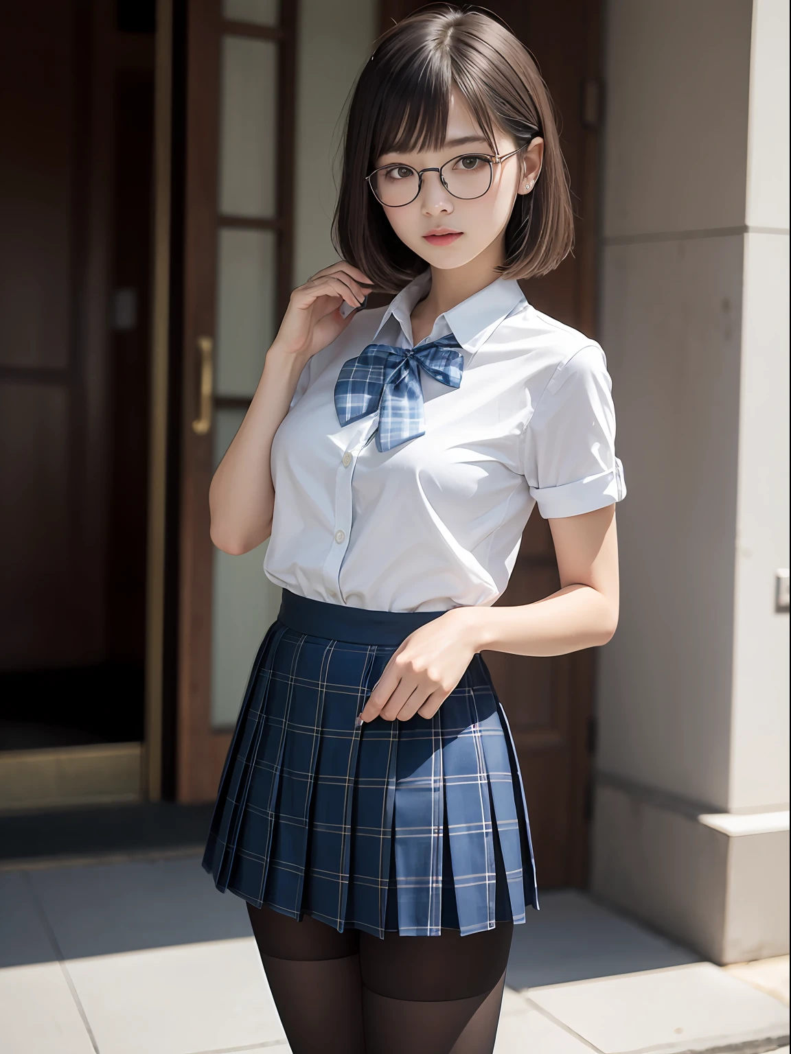 (8K、Raw photography、top-quality、masterpiece:1.2),de pele branca,kne,(Black pantyhose),absurderes,a small face,small tits,flat breast,Parting the bangs from the middle、Forehead visible,(Tight eyes,glares,Bullish,skinny,Rasping,irate)、masterpiece,top-quality、超A high resolution,Raw photo,ren,Beautiful fece,One Person, 独奏,eye glass,,Dark look,Small breasts,fullllbody,Round glasses、cute little、JK school uniform,hi-school girl,A Japanese Lady,is standing,(Photorealsitic:1.37)、Photon mapping,Light blue ribbon,Realistic、Cute little face,Brown-eyed、Black socks、(Red bow tie)、Radio City、Physically Based Rendering、Foreground、depth of fields、Blurry background、a picture,The girls、Body,beauty legs, Long legs, Thin leg,Long bob cut,(Bangs are visible), hair, s lips, Blue_The eye, nosesoft,(Light blue shirt), (Navy and blue and white plaid pleated skirt), Knees are visible,Sheer clothing,, Thigh, Black cotton socks,Nogizaka Idol, 女優, Japanese ido