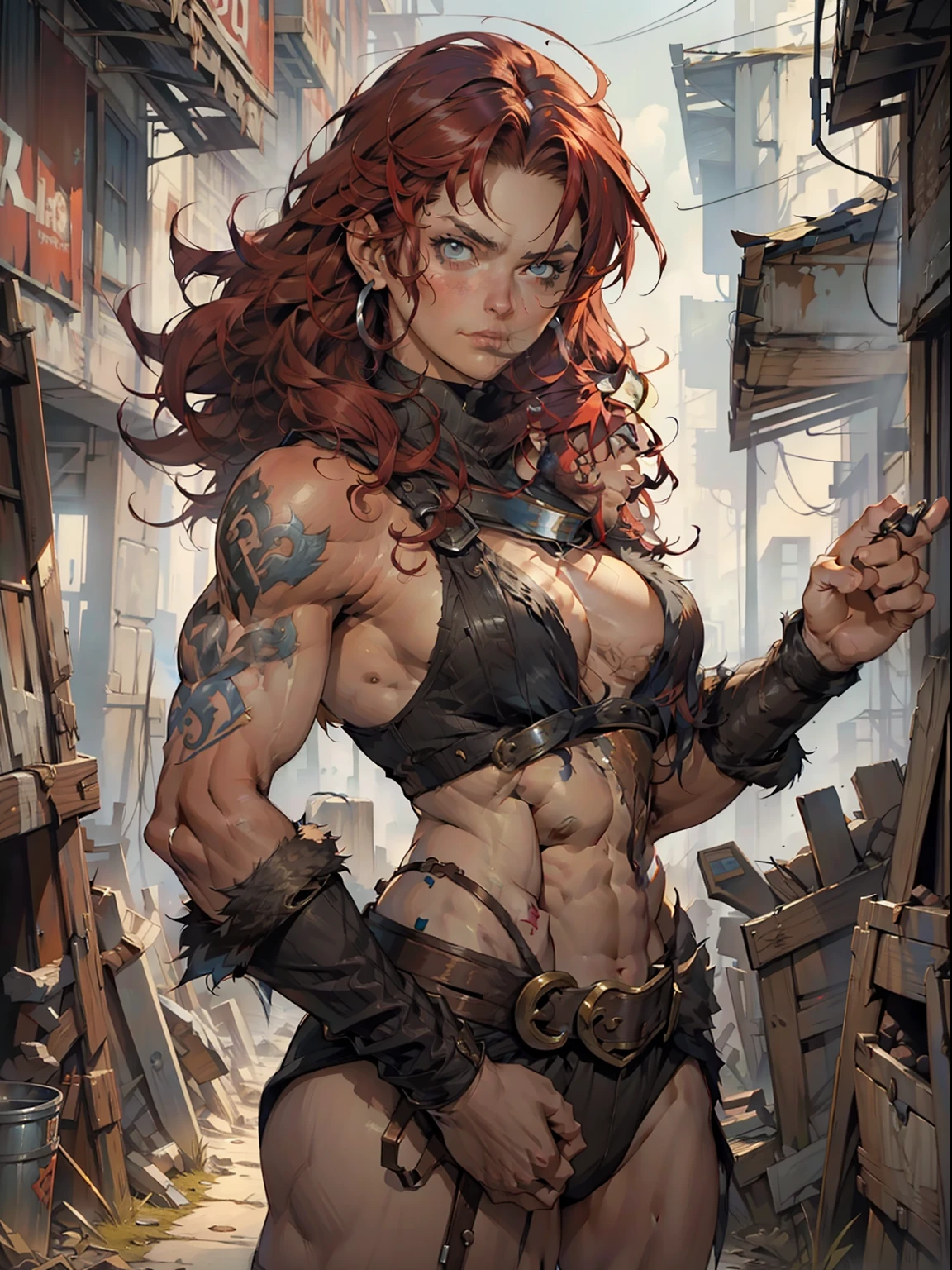 A Nordic woman, tatooa, red-haired, curly and voluminous, muscular, almost naked, Simon Bisley-style, for the cover of Heavy Metal magazine;