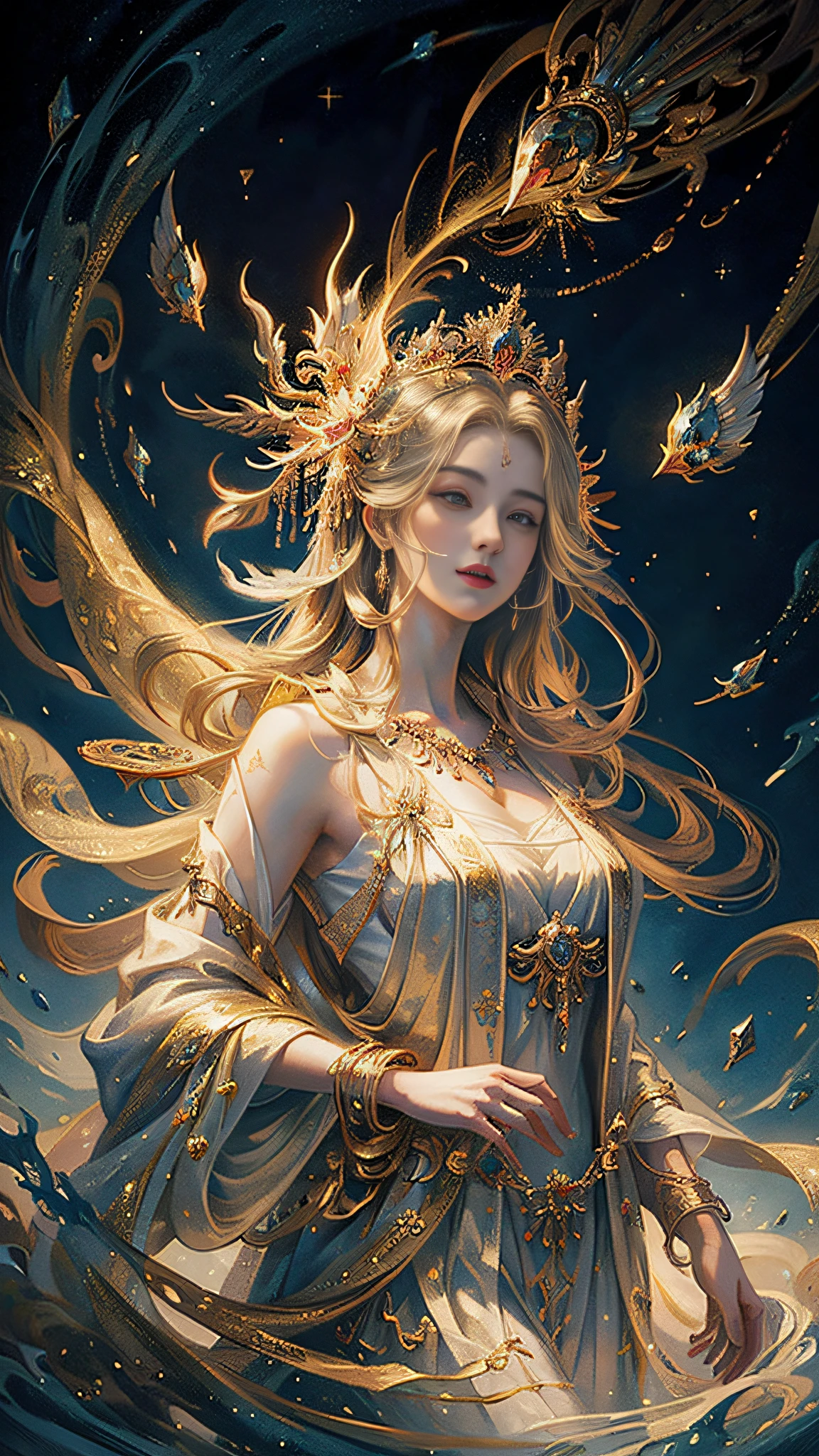 ((Best quality)),offcial art，Extremely detailed,Look at the masterpiece，A detailed and realistic depiction of the sacred maiden is depicted. The ethereal presence of the goddess is captured in every stroke, Exudes elegance and beauty. Her flowing robes and celestial aura add to the charm of the artwork. This digital illustration, With its intricate details and high resolution, It's fascinating