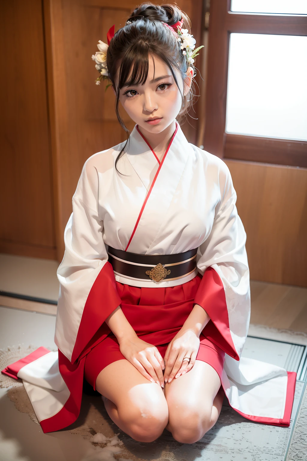 1 female,18yr old,(Showa beauty:Yasuko Sawaguchi 1.8),(Leptoskeletal face,s delicate face),hyperdetailed face,(Delicate Japanese makeup), Black colored eyes,(Look into the distance),Brunette in a double top bun,),Flaming red lips,Fair smooth skin,(Best Skin Type:1.21),((Kimono with white),(Red inner collar+Red waist seal)),masterpiece1.3,((Hasselblad photograp)),avatar close up,Kneeling in the snow,Avatar photo,Snow map style),8K, physically-based renderingt,profesional lighting,Surreal photography,exquisite detailing,详细的脸,The picture is pure,perfect hand,Perfect kneeling position,Ultra-fine makeup,Ultra-fine clothing material