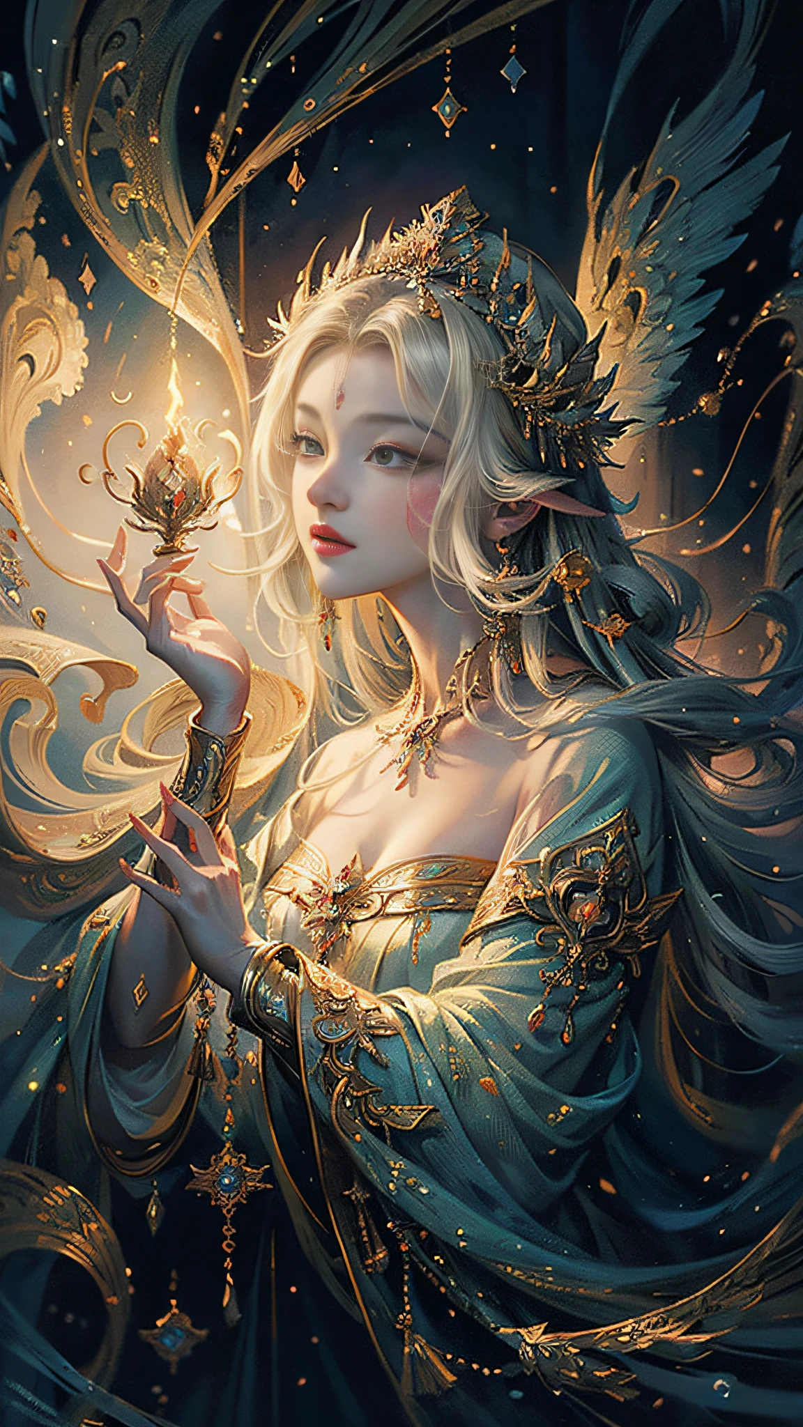 ((Best quality)),offcial art，Extremely detailed,Look at the masterpiece，A detailed and realistic depiction of the sacred maiden is depicted. The ethereal presence of the goddess is captured in every stroke, Exudes elegance and beauty. Her flowing robes and celestial aura add to the charm of the artwork. This digital illustration, With its intricate details and high resolution, It's fascinating