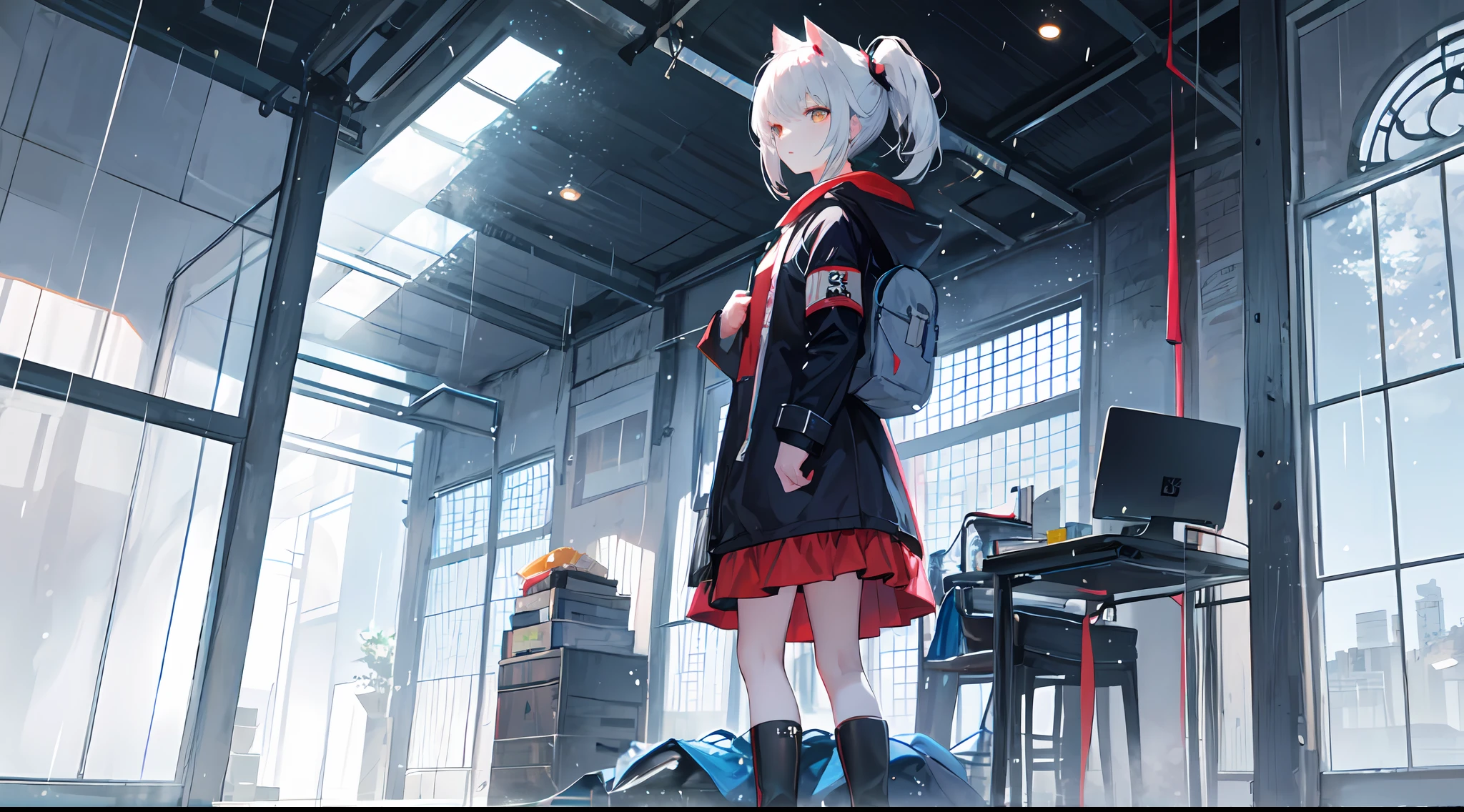 ((high qulity)), ((tmasterpiece)), 8K, Two girls, bulletproof vest, llight rays, Extremely detailed CG unifies 8K, 8K, Diamond, and wallpaper, GameCG, looking at viewert, mitts, Boots, full bodyesbian, Wrist watch, Computer,Masks,UAVs,handheldweapons,Earphone,jaket,Bao,backpacks,Ark of tomorrow style,Black and white blend trench coat,围巾,with short white hair,Issuing,The sword,yellow armband,Yellow band,Black strap,blue stripe,red color eyes,The sword,Firearms,Straighten your hair with both hands,Detailed hands,detailed back ground,detailed face with,A masterpiece of the Rhode Island Bridge,(best qualtiy:1.2),(super-fine:1.2),illustratio,(Extremely refined and beautiful:1.2),Movie Angle,floatking,(beatiful detailed eyes:1.1),(Detail light:1.1),电影灯光,Exquisite sky,woman,whaite hair,eBlue eyes,(high ponytails:1.1),cloaks,glowing light eyes,(themoon:1.2),(rays of moonlight:1.1),starrysky,(Light particles:1.1),Mist,Snow painting,full bloom,废墟,little bit of raining,,Earphone,White cat ears,Rained,Rain drops,Black hairpin,yellow armband,Blue sea,White tights,white stockings,城市,karo