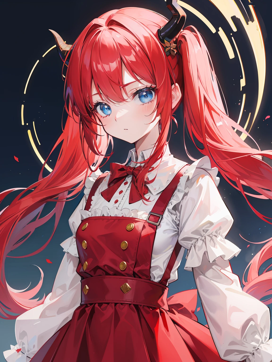 {{best quality}}, {{masterpiece}}, {{ultra-detailed}}, {illustration}, {detailed light}, red hair,blue eyes,twintails,lolita,Suspenders skirt,Fantastic,loli,solo,Dragon horns,little girl,long hair