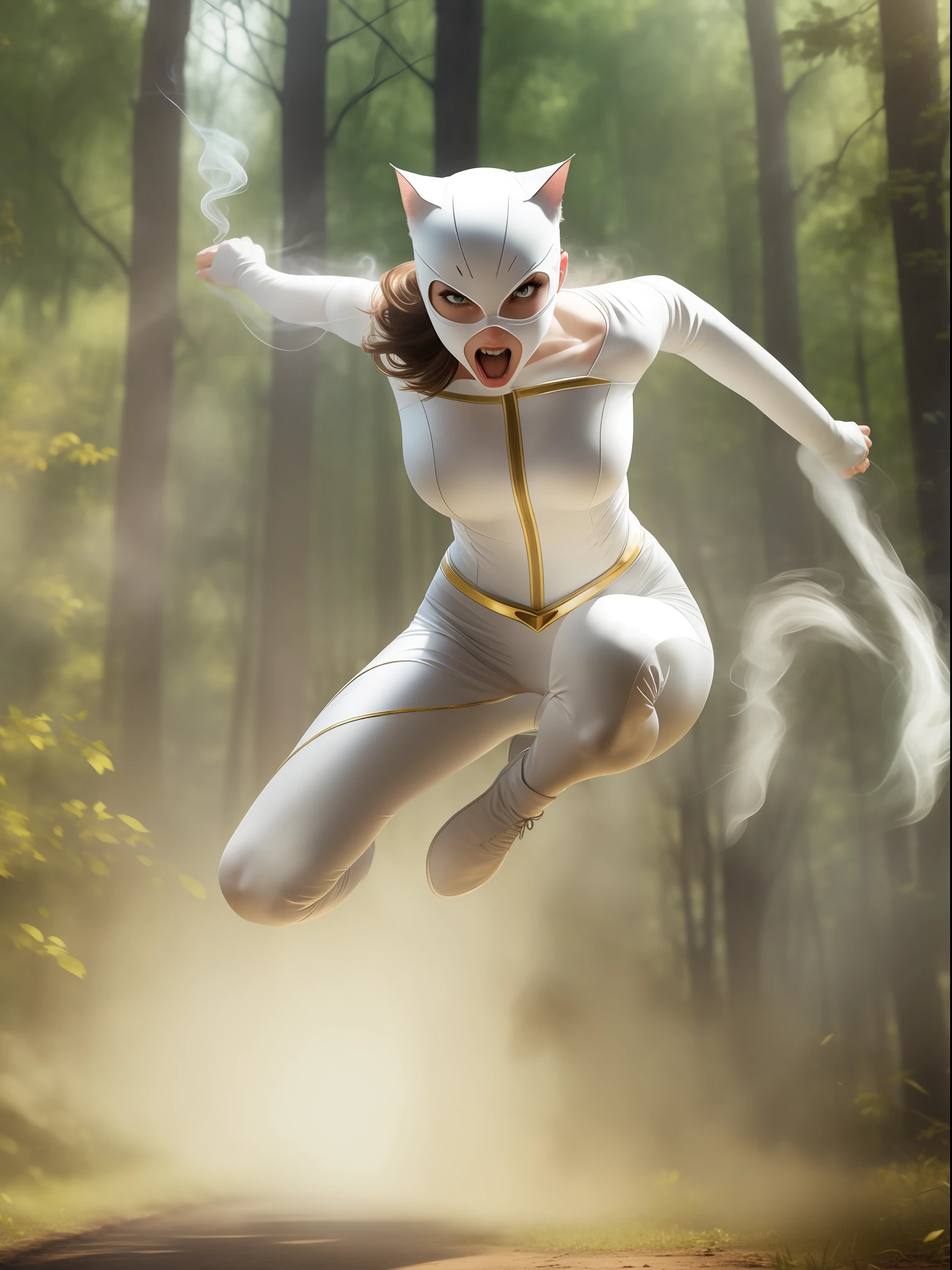 white catwoman jumping and attacking angry attacking, 8k realistic image, forest background, background smoke effects, sunny afternoon, cinema effect