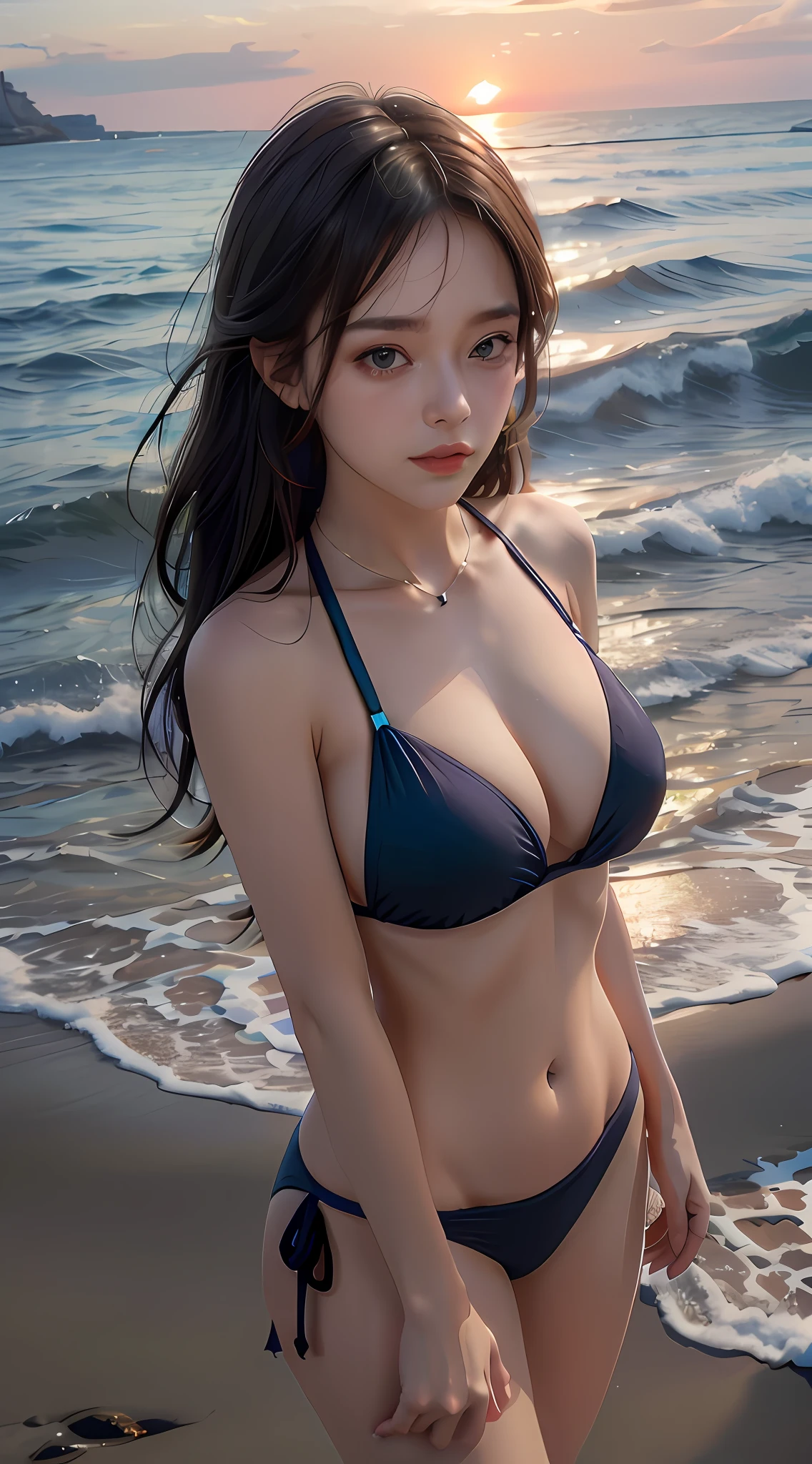 Beautiful sunset with sea view,Dusk line,swell sea,A very beautiful woman,Wear a bikini,Normal-sized breasts,Collect breasts,16k,Realiy,close-up all over the body,full bodyesbian