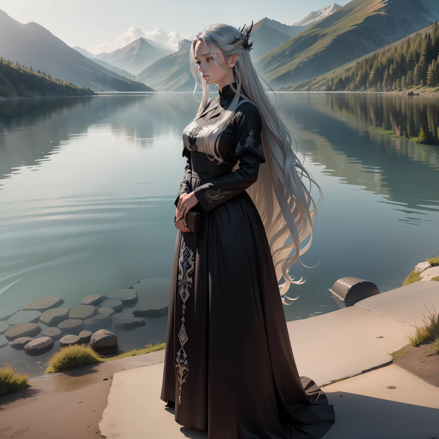1 20 year old girl，（cabelos preto e longos+Long silver dress+Ocean blue long dress）*1.3，The expression is calm，Looking into the distance，Standing by the lake，He has a stag by his side，Lakes and mountain forests in the early morning。