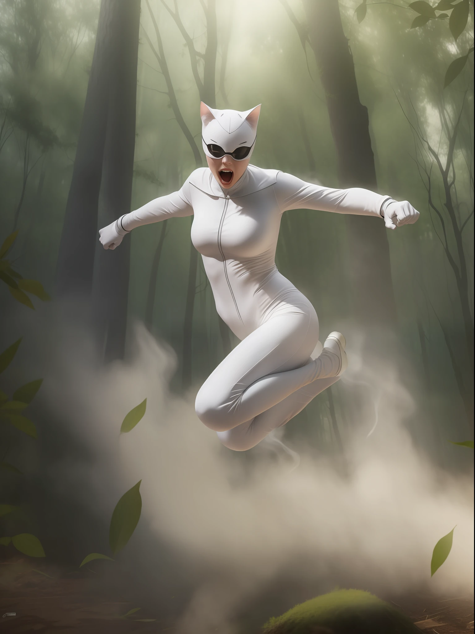 white catwoman jumping and attacking angry attacking, 8k realistic image, forest background, background smoke effects, sunny afternoon, cinema effect