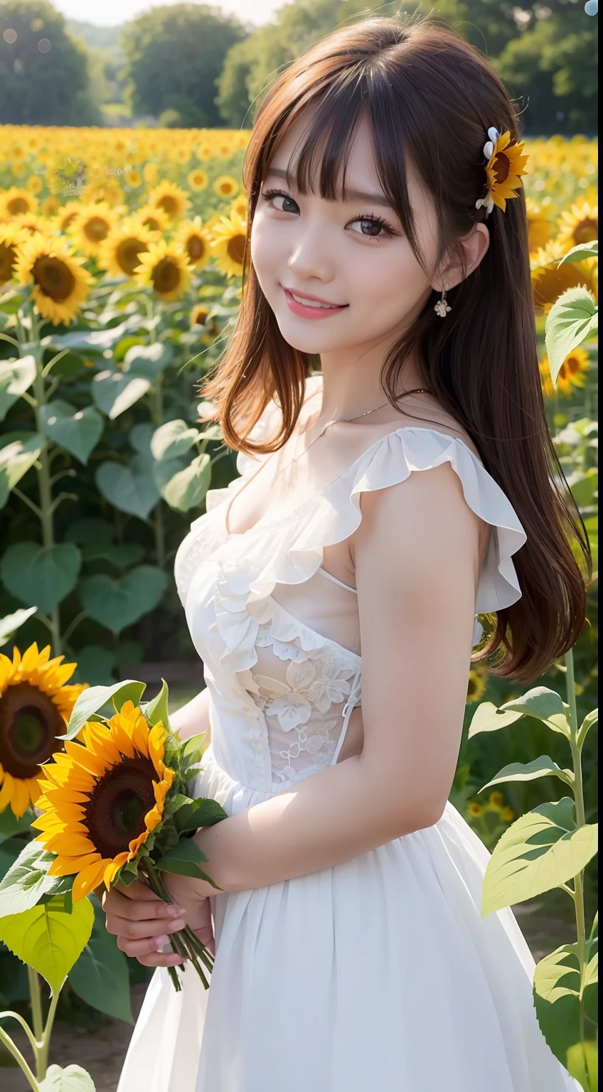 sunflowers fields、Ruffled dresses、Lovely smiling lady、a beauty girl、reallistic、realphoto、8k picture、Exquisite and detailed details、hiquality