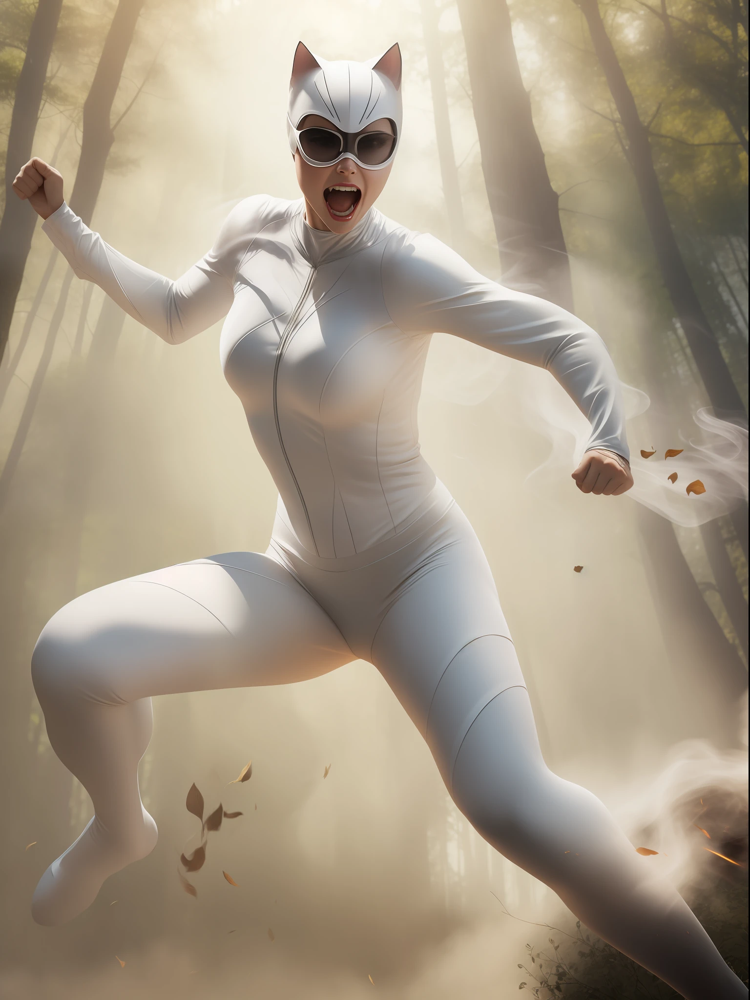 white catwoman jumping and attacking angry attacking, 8k realistic image, forest background, background smoke effects, sunny afternoon, cinema effect
