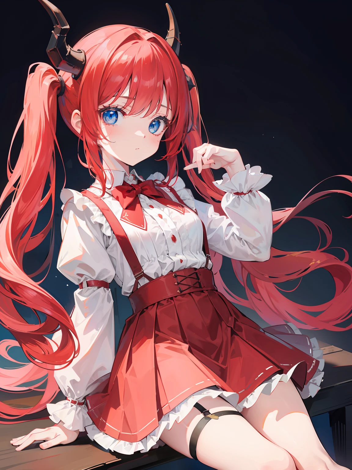 {{best quality}}, {{masterpiece}}, {{ultra-detailed}}, {illustration}, {detailed light}, red hair,blue eyes,twintails,lolita,Suspenders skirt,Fantastic,loli,solo,Dragon horns,little girl,long hair