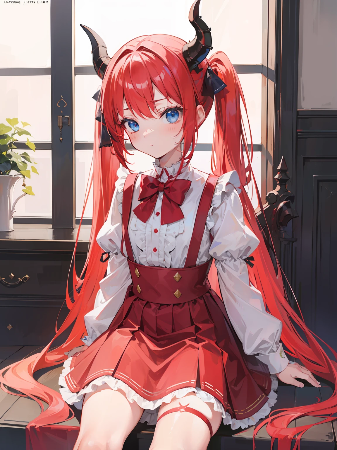 {{best quality}}, {{masterpiece}}, {{ultra-detailed}}, {illustration}, {detailed light}, red hair,blue eyes,twintails,ta,Suspenders skirt,Fantastic,lolio,Dragon horns,little gir