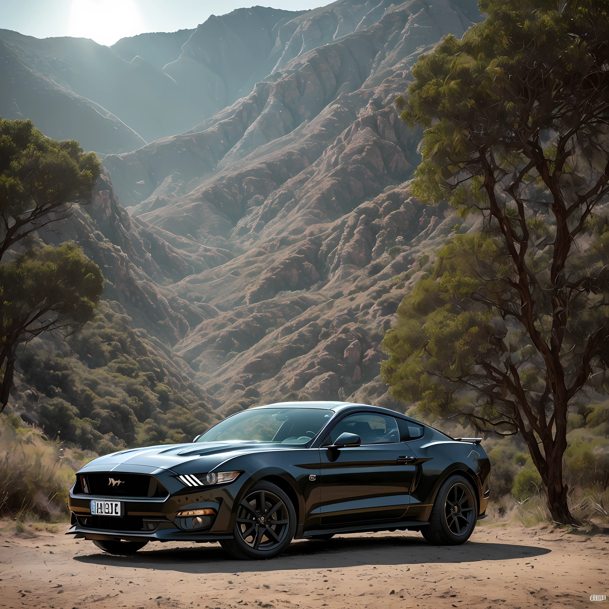 (detalhes intrincados:1.22), hdr, (detalhes intrincados, hiperdetalhado:1.2), Mustang preto 2023 corpo inteiro, cinemactic, intenso, cinematic  composition, cinematic lighthing, (rim lighting:1.3), color grading, focado,