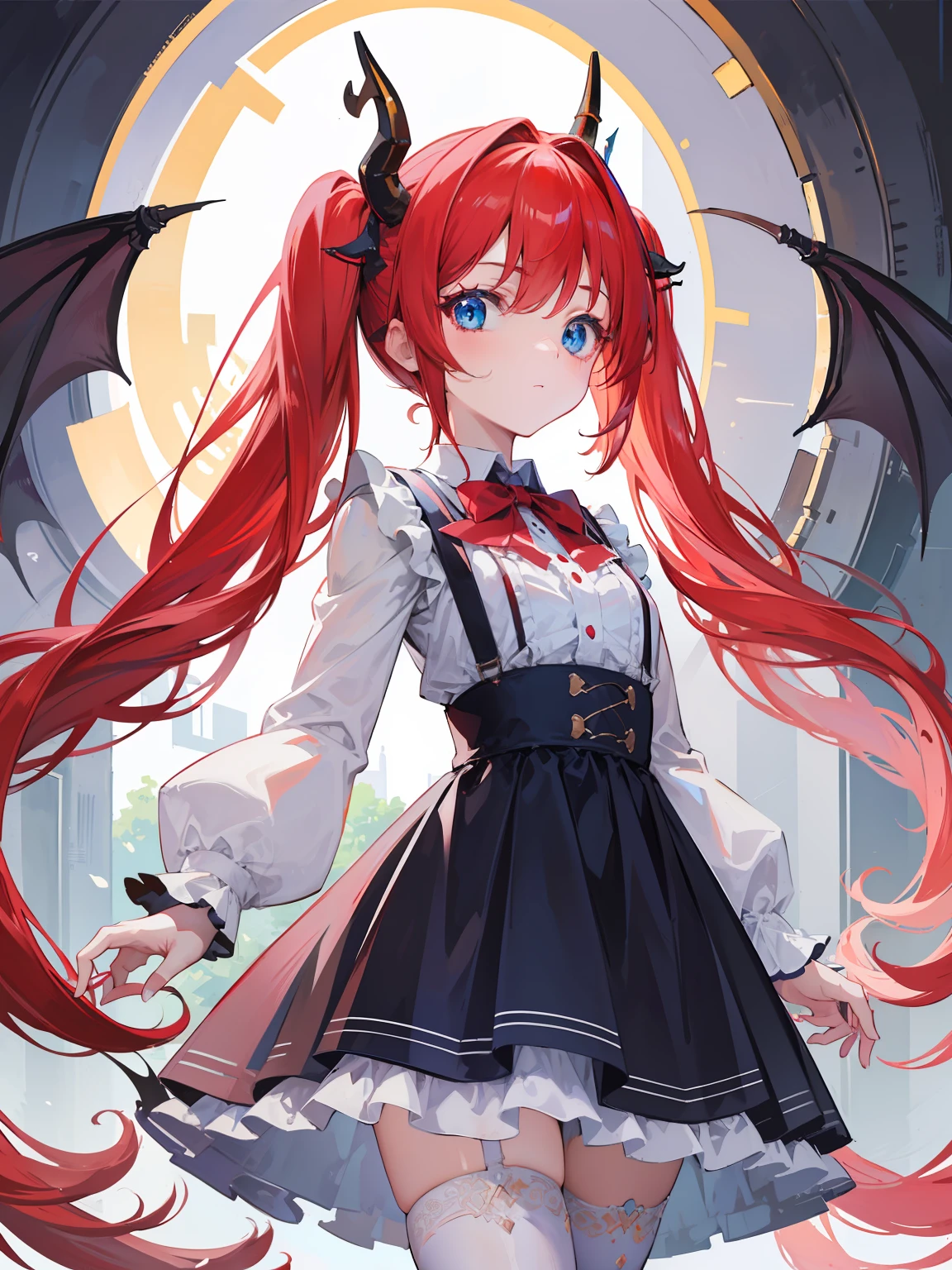 {{best quality}}, {{masterpiece}}, {{ultra-detailed}}, {illustration}, {detailed light}, red hair,blue eyes,twintails,lolita,Suspenders skirt,Fantastic,loli,solo,Dragon horns,little girl,long hair