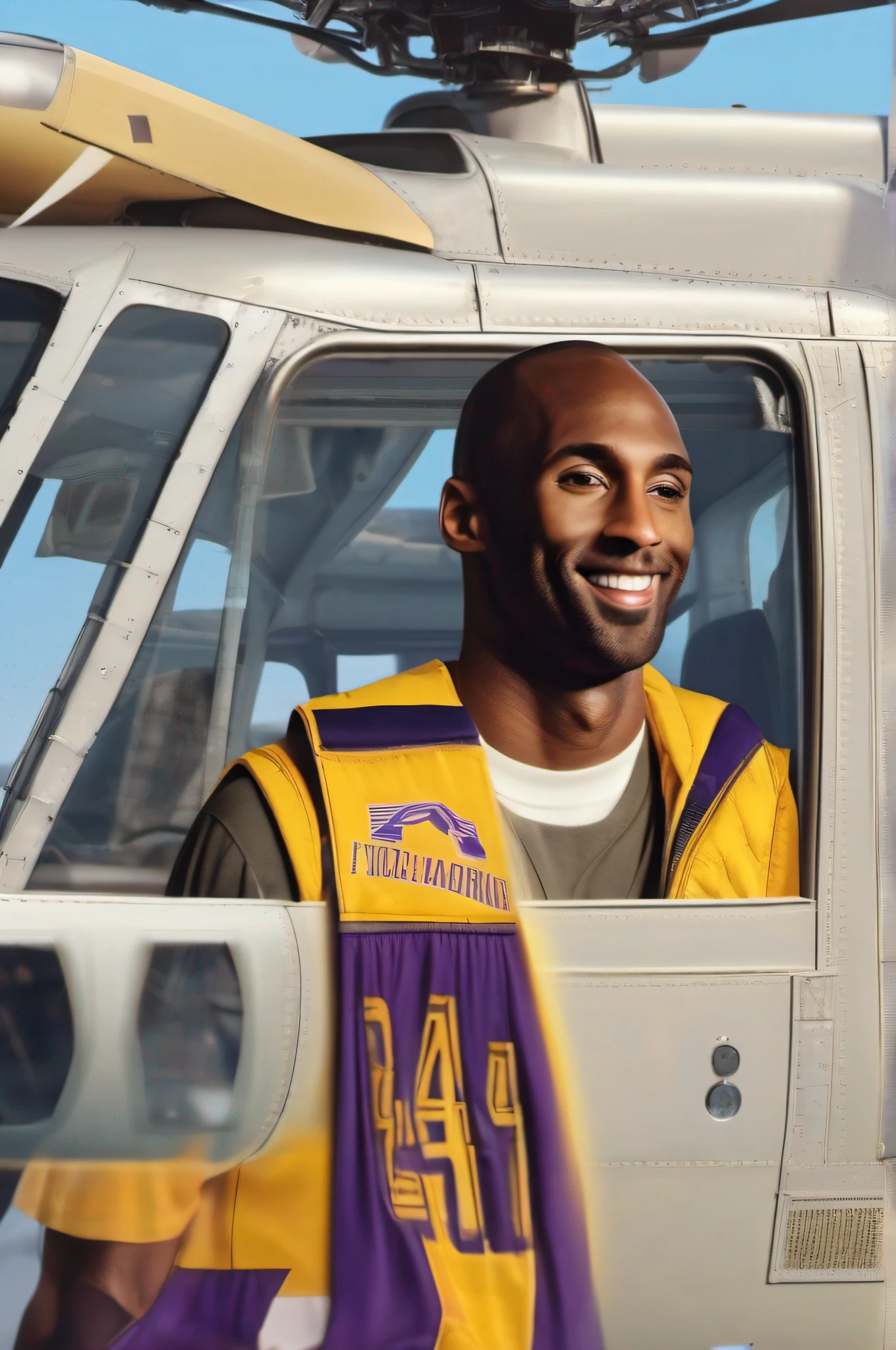 Kobe bryant，Sit in the helicopter co-pilot，Wearing a number 24 basketball jersey，With a smile，Hit the helicopter pilot with his elbow。Realiy