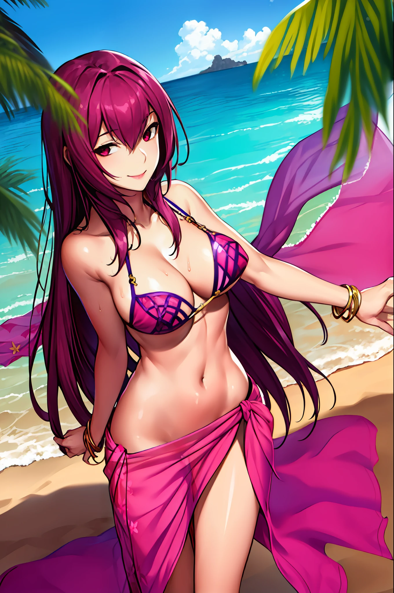 scathach, bikini , masterpiece, best quality, absurdres, 1girl, standing, beach, looking at viewer, smile, (pink sarong:1.3), cowboy shot , long hair