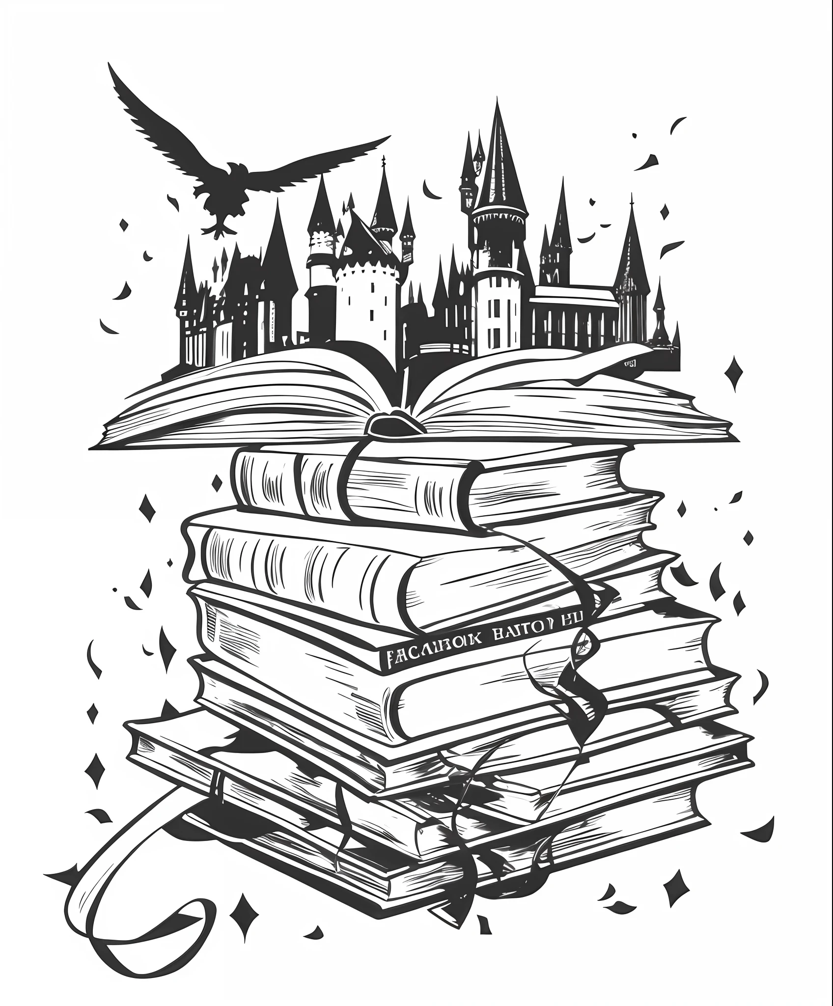 Black and white drawings of a bunch of books,There is a castle on it, background hogwarts, Bookboard, detailed book illustration, book illustrations, Hogwarts, hogwarts style, Former library, Ink illustration, Marauder map, Hogwarts Library, full page illustration, pen - and - ink illustration, pen and ink illustration, The Art of Harry Potter, ink artwork