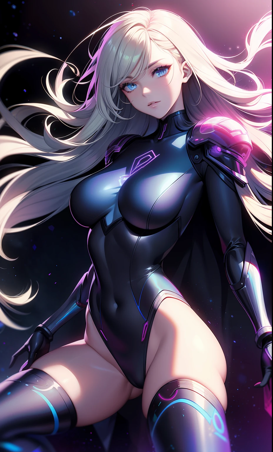 tmasterpiece, best qualityer, Kizi, slenderness, blue color eyes, Hair color, Rainbow art, Unfold your long blonde hair, White skin of the, Blood vessels in the arms and chest, mediating, Bonito, Sexy, Near future, Cyberpunk, Spichini, uncovered skin, natta, psicodelic, Trip, Extremely colorful, Temas Paisley, spread their legs, Mechanical left arm, full bodyesbian, Superman S symbol in background.