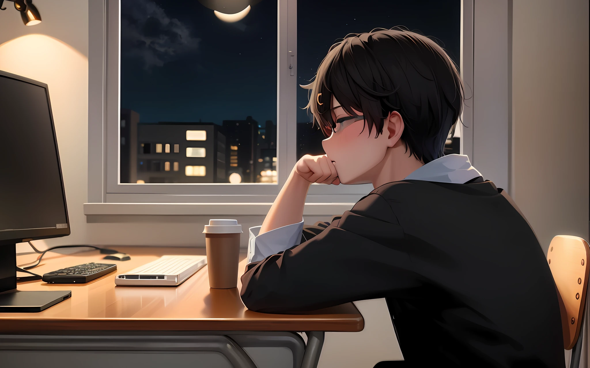 Anime boy sitting at desk arranging music,Wearing black-framed glasses,Computer and a cup of coffee,Anime art wallpaper 8k,4k anime wallpapers,Smooth anime CG art,Digital anime illustration,Shinkai sincerely。A digital rendering,style of anime4 K,Anime art wallpaper 4k,Anime art wallpaper 4 K,Anime wallpaper 4K,Anime wallpaper 4 k,anime big breast。gentlesoftlighting