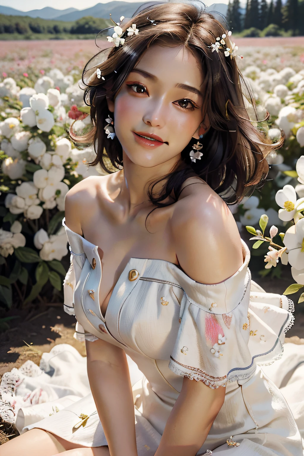 Best quality, masterpiece, ultra high res, (photorealistic:1.4), raw photo, 1girl, white dress, off shoulder, blossom flower field, glowing skin, light smile