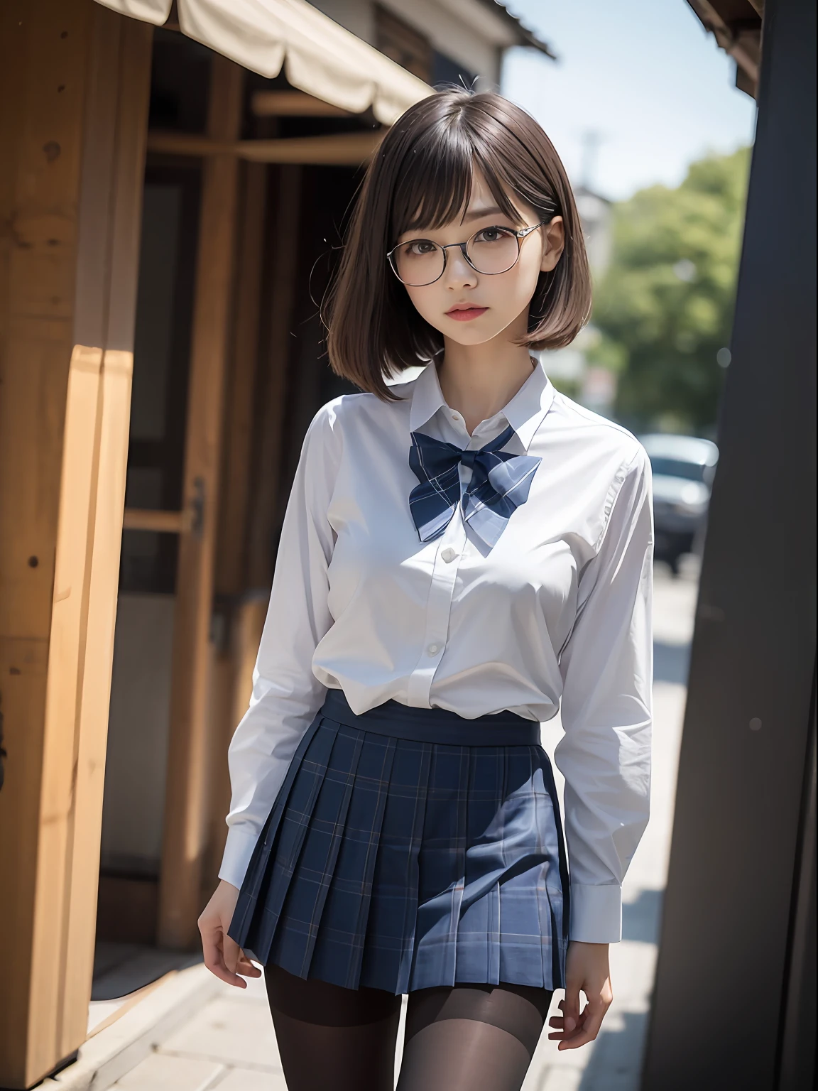 （8K、Raw photography、top-quality、​masterpiece：1.2),de pele branca,kne,(Black pantyhose),absurderes,a small face,small tits,flat breast,Parting the bangs from the middle、Forehead visible,(Tight eyes,glares,Bullish,skinny,Rasping,irate)、​masterpiece,top-quality、超A high resolution,Raw photo,ren,Beautiful fece,One Person, 独奏,eye glass,,Dark look,Small breasts,fullllbody,Round glasses、cute little、JK school uniform,hi-school girl,A Japanese Lady,is standing,（Photorealsitic：1.37）、Photon mapping,Light blue ribbon,Realistic、Cute little face,Brown-eyed、Black socks、(Red bow tie)、Radio City、Physically Based Rendering、Foreground、depth of fields、Blurry background、a picture,The girls、Body,beauty legs, Long legs, Thin leg,Long bob cut,(Bangs are visible), hair, s lips, Blue_The eye, nosesoft,(Light blue shirt), (Navy and blue and white plaid pleated skirt), Knees are visible,Sheer clothing,, Thigh, Black cotton socks,Nogizaka Idol, 女優, Japanese ido