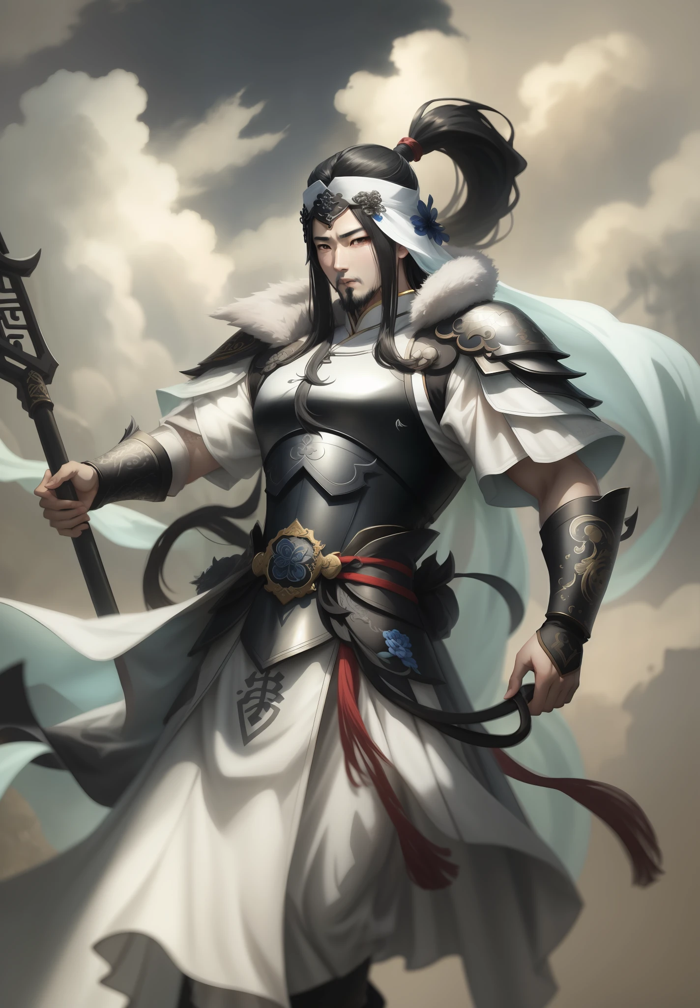 Anime character with long black hair, Guan yu, bian lian, casimir art, G Liulian art style, Inspired by Huang Shen, epic exquisite character art, Inspired by Shen Zhou, by Yang J, From Arknights, 2. 5 D CGI anime fantasy artwork, high detailed official artwork, Onmyoji portrait blue dress,White clothes,Ancient Chinese architecture as a backdrop