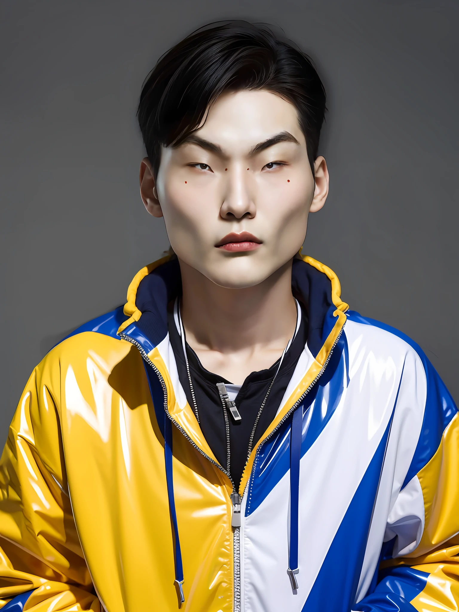 A Chinese male high school student。Wear a PVC casual sweatshirt,There are zippers。