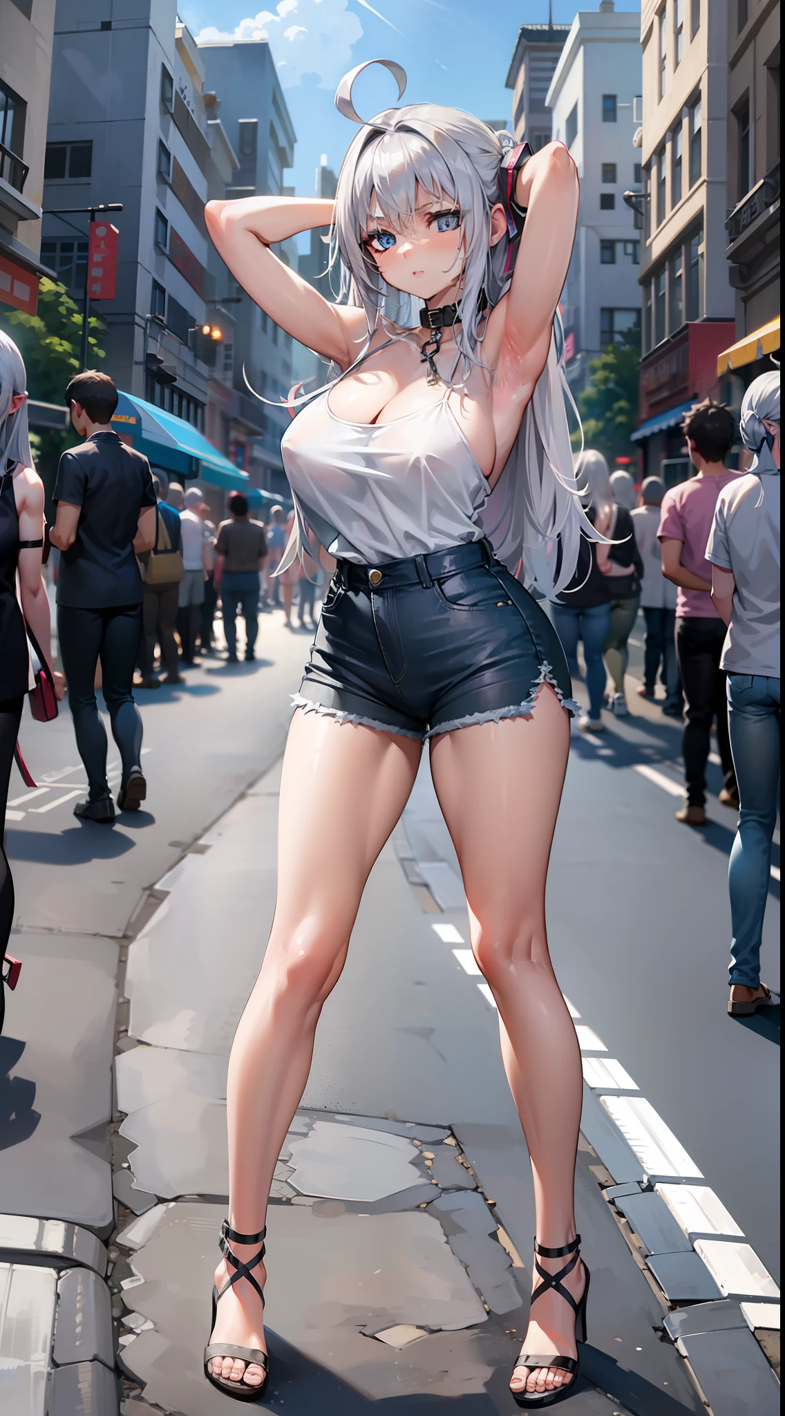 huge breast)),long hair,((silver hair,blue eyes)), daylight, sunlight, (perfect body : 1.0), collar, chain, full body shot, crowded street, wearing black tanktop, jeans jacket, ((shorts)),(masterpiece), (best quality:1.0), (ultra highres:1.0), beautiful lighting ,perfect lightning, realistic shadows, [highres], detailed skin, ultra-detailed,arms behind head,anime style