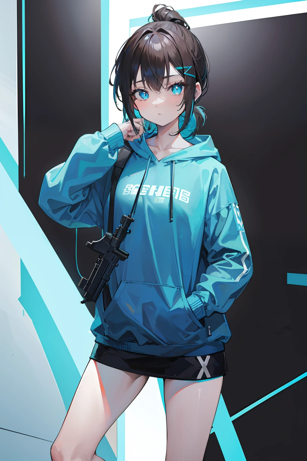 Cyan sweatshirt，hooding，with short brown hair，Bare legged，X-shaped hairpin，Light blue pupils，leg loops，Stick one hand in your pocket，Mare，Low ponytail，full bodyesbian，AK-47，Kalashnikov rifle