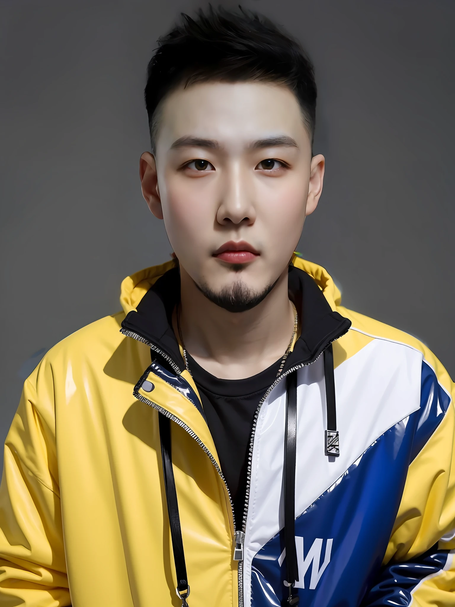 A Chinese male high school student,Wear a PVC casual sweatshirt,There are zippers