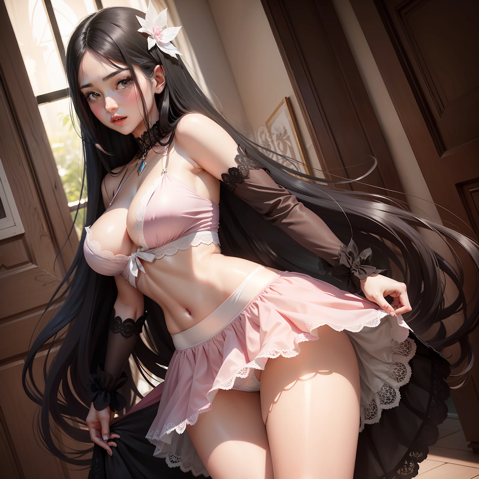 Long black hair fluttering,Exquisite details,Young mature breasts full beauty,Wearing a pink lace hip skirt,Lift the skirt,Exposed white panties,The action is sexy and feminine,