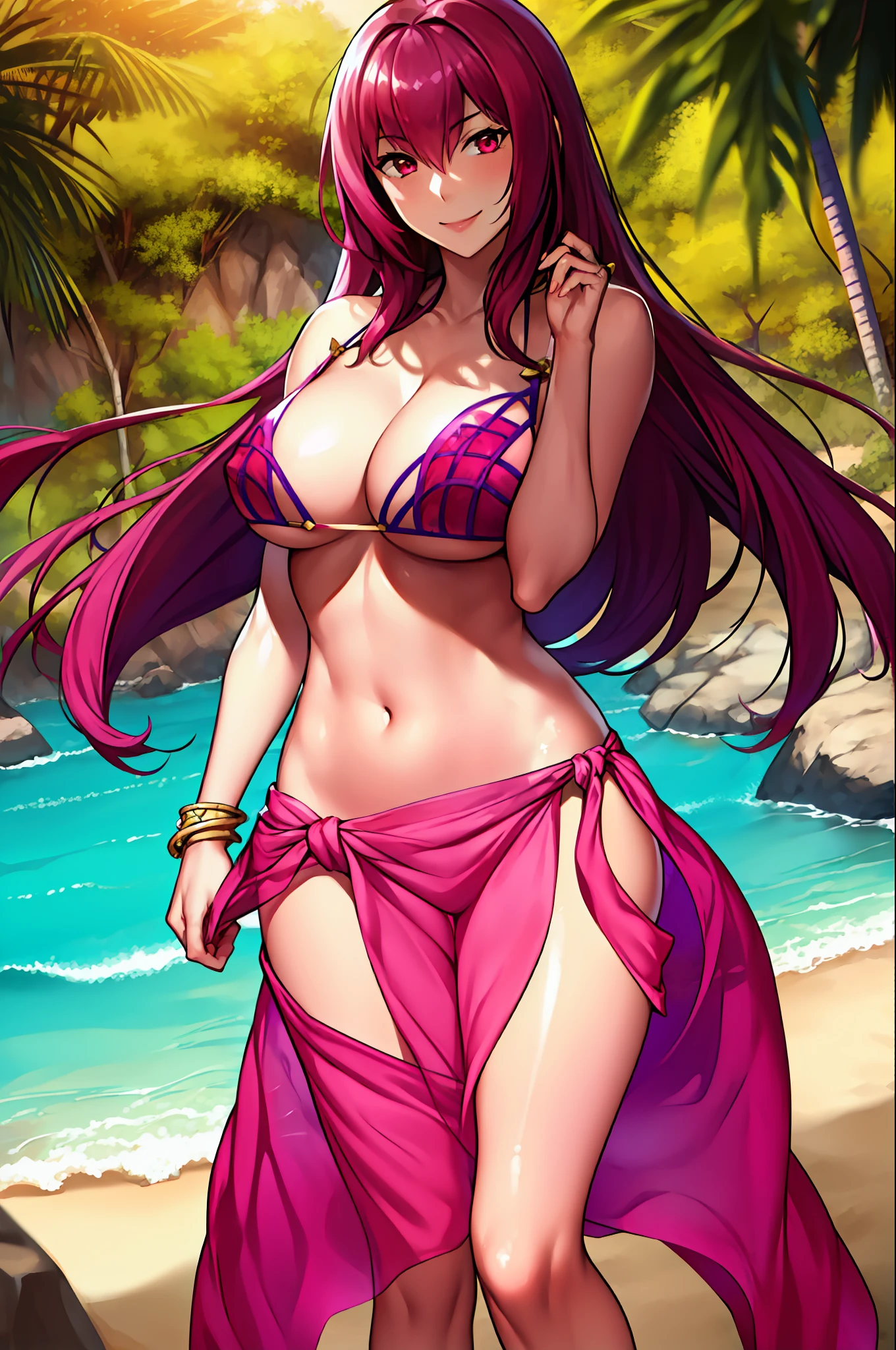 scathach, bikini , masterpiece, best quality, absurdres, 1girl, standing, beach, looking at viewer, smile, (pink sarong:1.3), cowboy shot , long hair