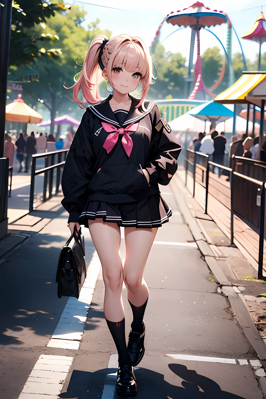 Half blonde and half black hair、(top-quality、in 8K、32K、masterpiece、nffsw、ighly detailed、Impresionismo:1.2)、Full body, (amusement park:1.4)、realistic shadow、beauitful face、blurry backround、16-year-old beautiful girl、shinny skin, Beautiful black and pink hair、Blunt bangs、 braided ponytails、Brown eyes、a sailor suit、pleatedskirt、Black socks、Black shoes、A smile、Striped panties、thighs thighs thighs thighs、from the front side、Opening legs、