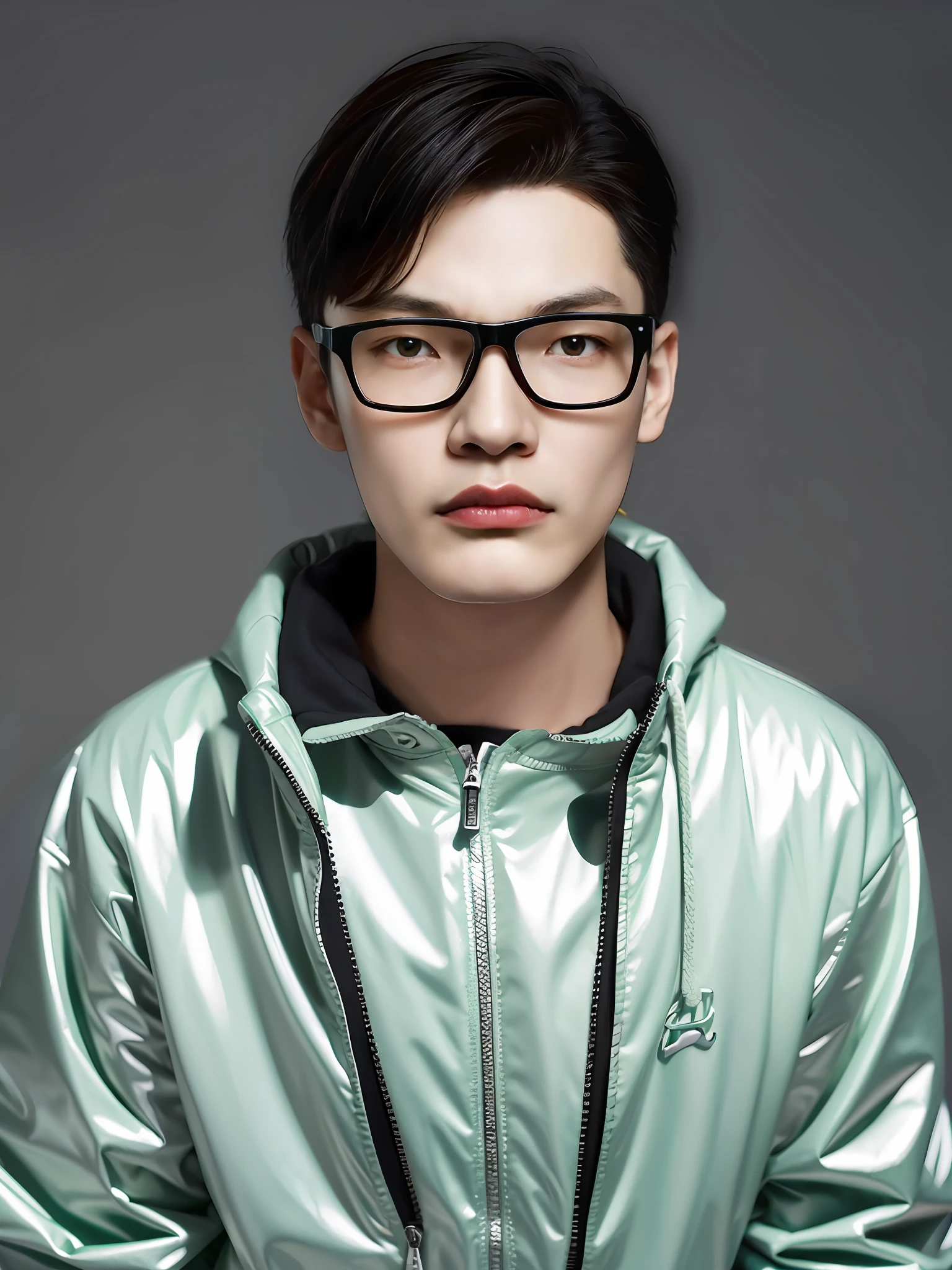A Chinese male high school student，Wear a PVC casual sweatshirt，There are zippers