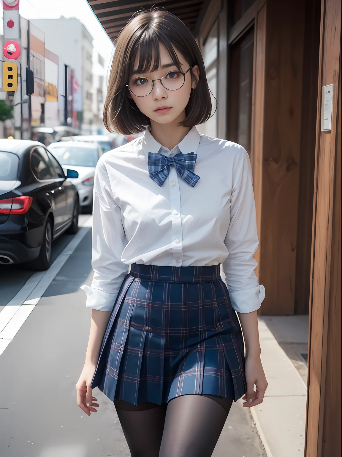 （8K、Raw photography、top-quality、​masterpiece：1.2),de pele branca,kne,(Black pantyhose),absurderes,a small face,small tits,flat breast,Parting the bangs from the middle、Forehead visible,(Tight eyes,glares,Bullish,skinny,Rasping,irate)、​masterpiece,top-quality、超A high resolution,Raw photo,ren,Beautiful fece,One Person, 独奏,eye glass,,Dark look,Small breasts,fullllbody,Round glasses、cute little、JK school uniform,hi-school girl,A Japanese Lady,is standing,（Photorealsitic：1.37）、Photon mapping,Light blue ribbon,Realistic、Cute little face,Brown-eyed、Black socks、(Red bow tie)、Radio City、Physically Based Rendering、Foreground、depth of fields、Blurry background、a picture,The girls、Body,beauty legs, Long legs, Thin leg,Long bob cut,(Bangs are visible), hair, s lips, Blue_The eye, nosesoft,(Light blue shirt), (Navy and blue and white plaid pleated skirt), Knees are visible,Sheer clothing,, Thigh, Black cotton socks,Nogizaka Idol, 女優, Japanese ido