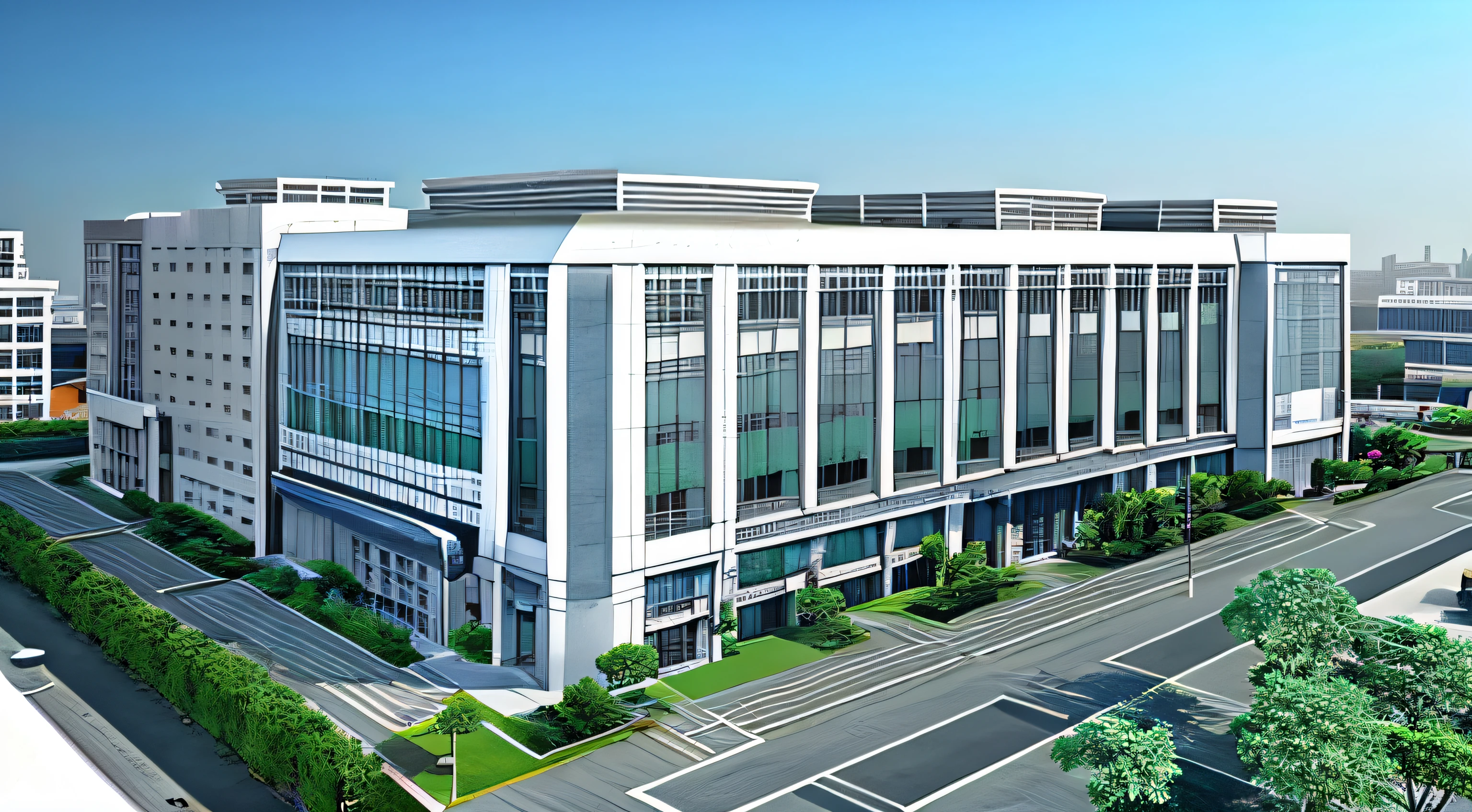 Rendering of a large building,There is a fountain in front, Office building, building facing, precise architectural rendering, building rendering, medical research facility, sharp focus ilustration hq, sharp foccus ilustration hq, sharp hq rendering, modern technology building, neoclassical police station, high quality architectural art, up front view, A digital rendering, medical complex