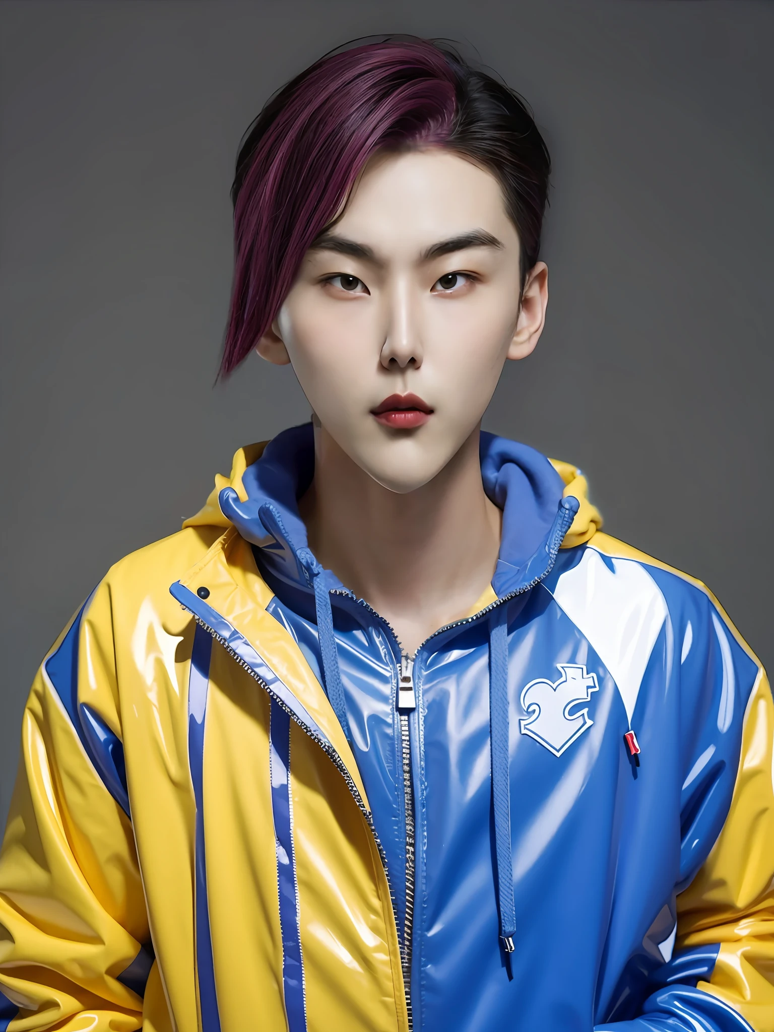 A Chinese male high school student，Wear a PVC casual sweatshirt，There are zippers