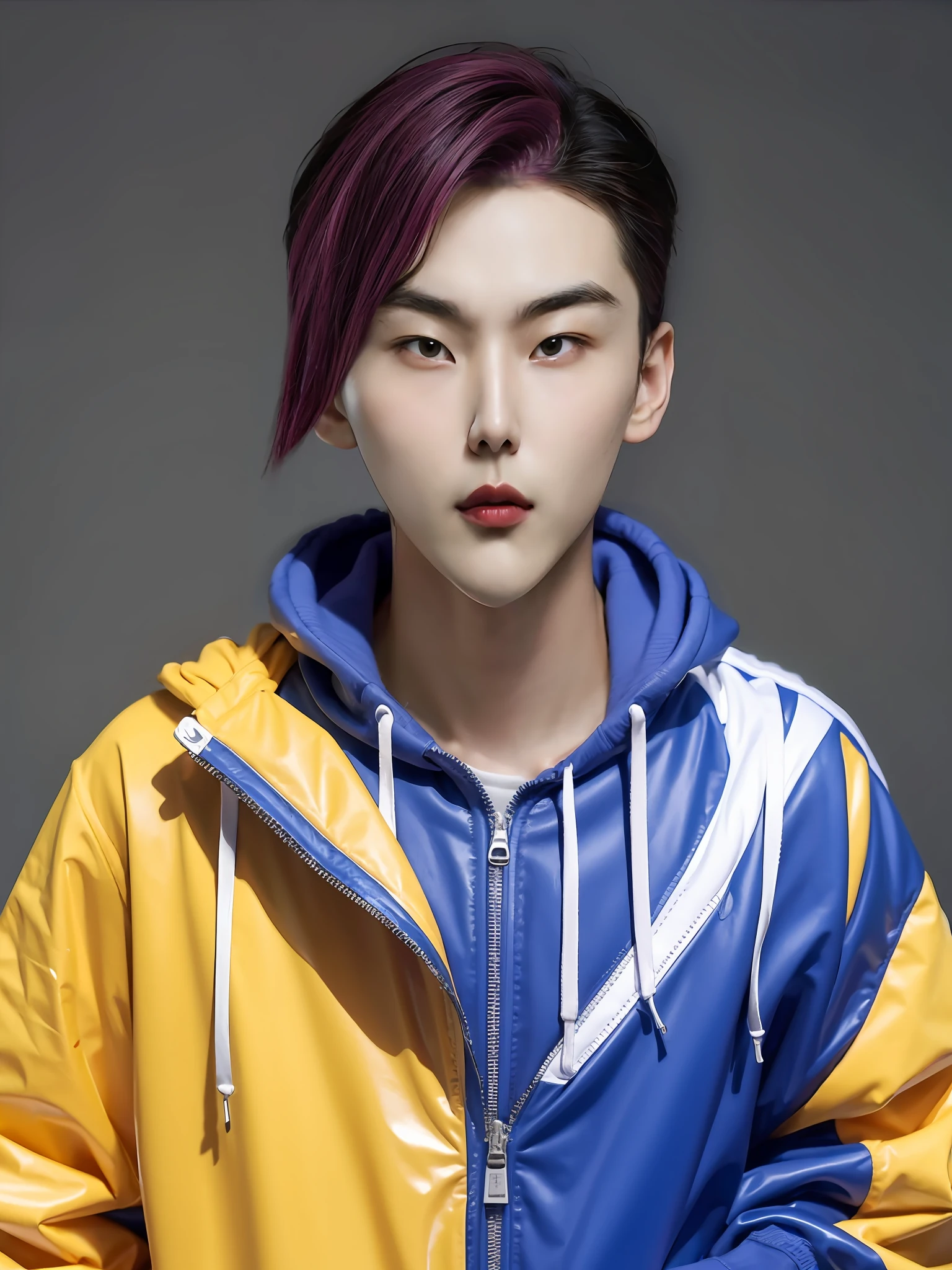 A Chinese male high school student,Wear a PVC casual sweatshirt,There are zippers