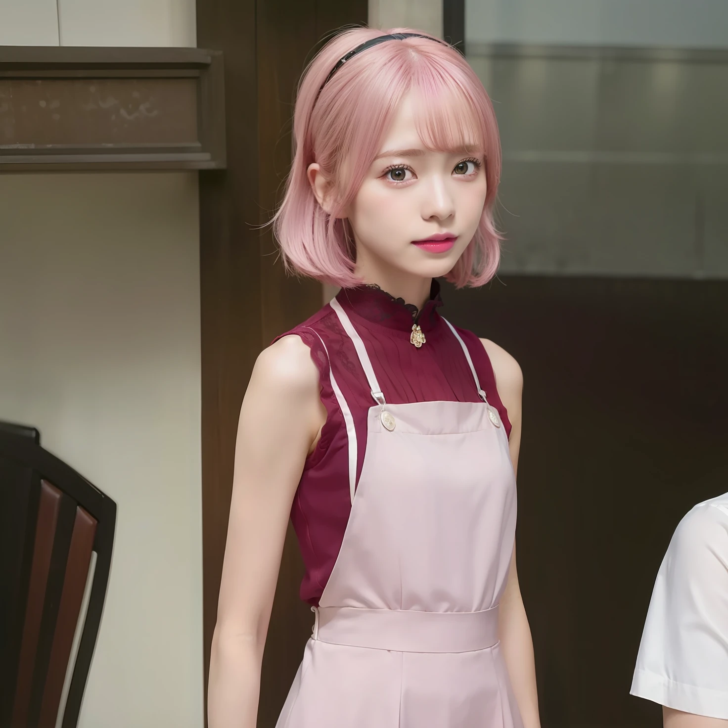 (8k, best quality, masterpiece:1.2), (realistic, photo-realistic:1.37), ultra-detailed, 1 girl,cute, solo,beautiful detailed sky,detailed cafe,night,sitting,dating,(nose blush),(smile:1.15),(closed mouth) small breasts,beautiful detailed eyes,(collared shirt:1.1), night, wet,business attire, rain,white lace, (short hair:1.2),floating hair NovaFrogStyle, pink hair, green eyes, red headband,red dress,