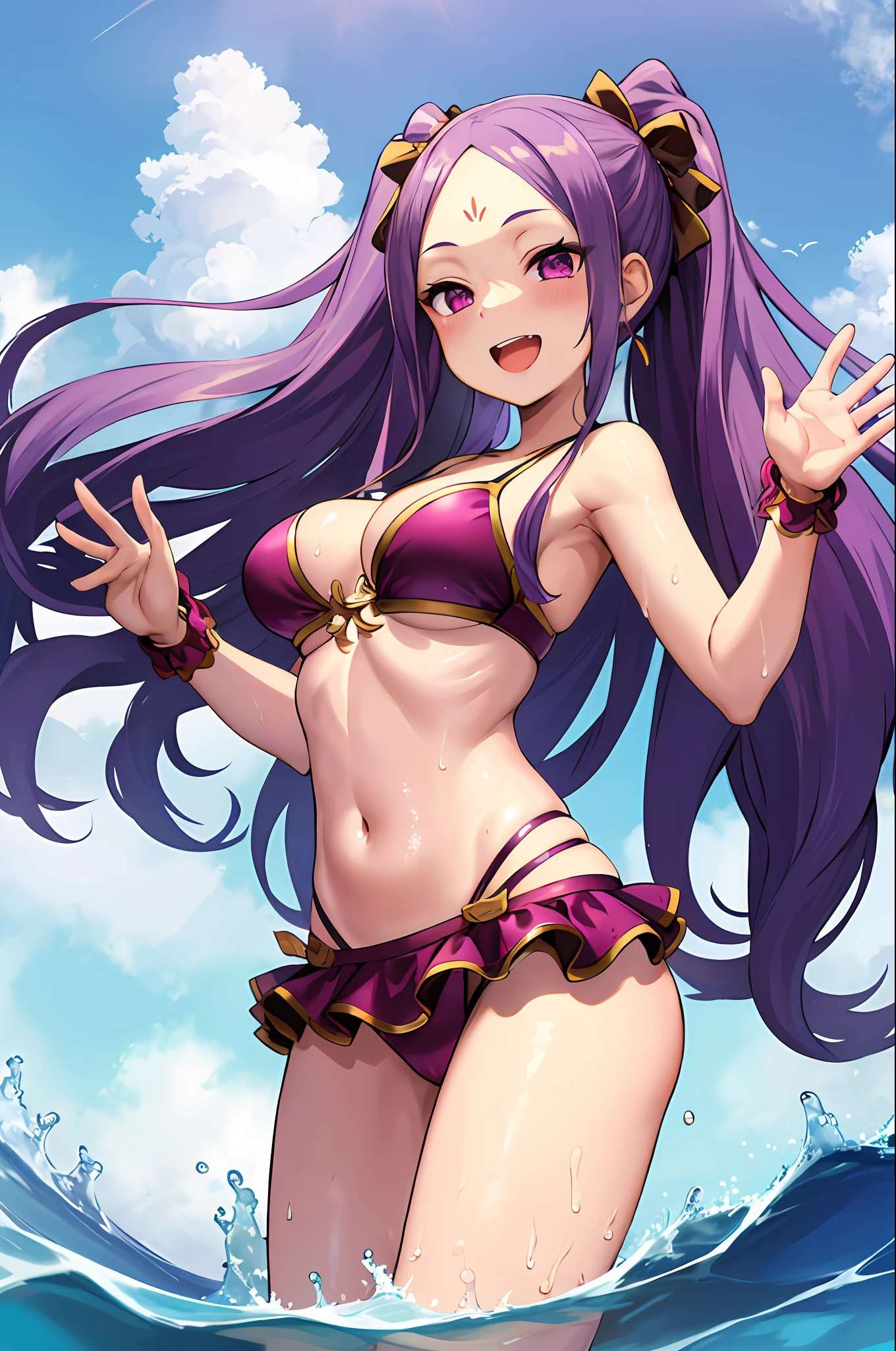 masterpiece, best quality, highres, wz1, twintails, large breasts, forehead mark, bow, navel, swimsuit, purple bikini, thong, bare shoulders, waving, wet, in water, ocean, smile, open mouth,